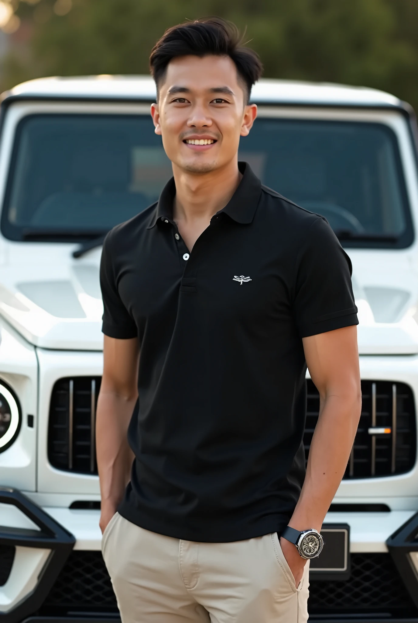 Thai man ,man,He is about 30 years old..,Rough and handsome appearance,large breastsj,Big waistline,buzz cut, angry, sullen, best quality, Masterpiece,(Have muscles:4.5),(best quality,high resolution,Masterpiece:1.2),The eyes are natural and delicate..,1 person,alone,gay asian,muscle,Long legs,brave,short hair details,conjunctivitis ,strong,brown eyes, (outdoor background car :1.5),in the market,sit (red and white t-shirt:1.3),Jeans ,smile