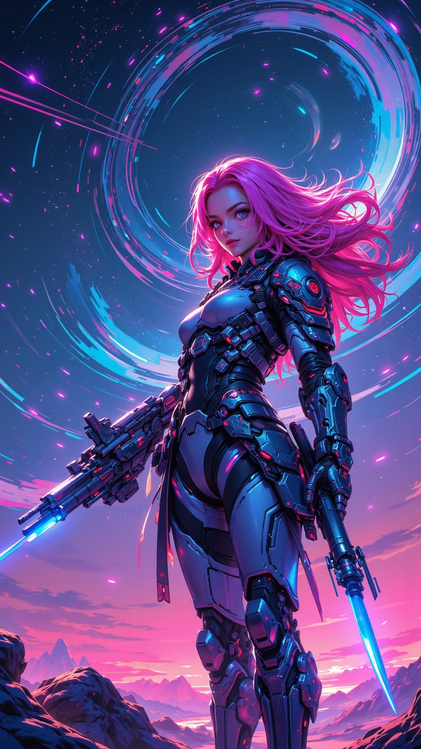 A superb 8K science fiction artwork,shows a woman playing with a weapon in her hands in a mesmerizing space environment,Surrounded by sky and neon-colored hair。style inspired by cksc,Emphasis on quality and beauty。