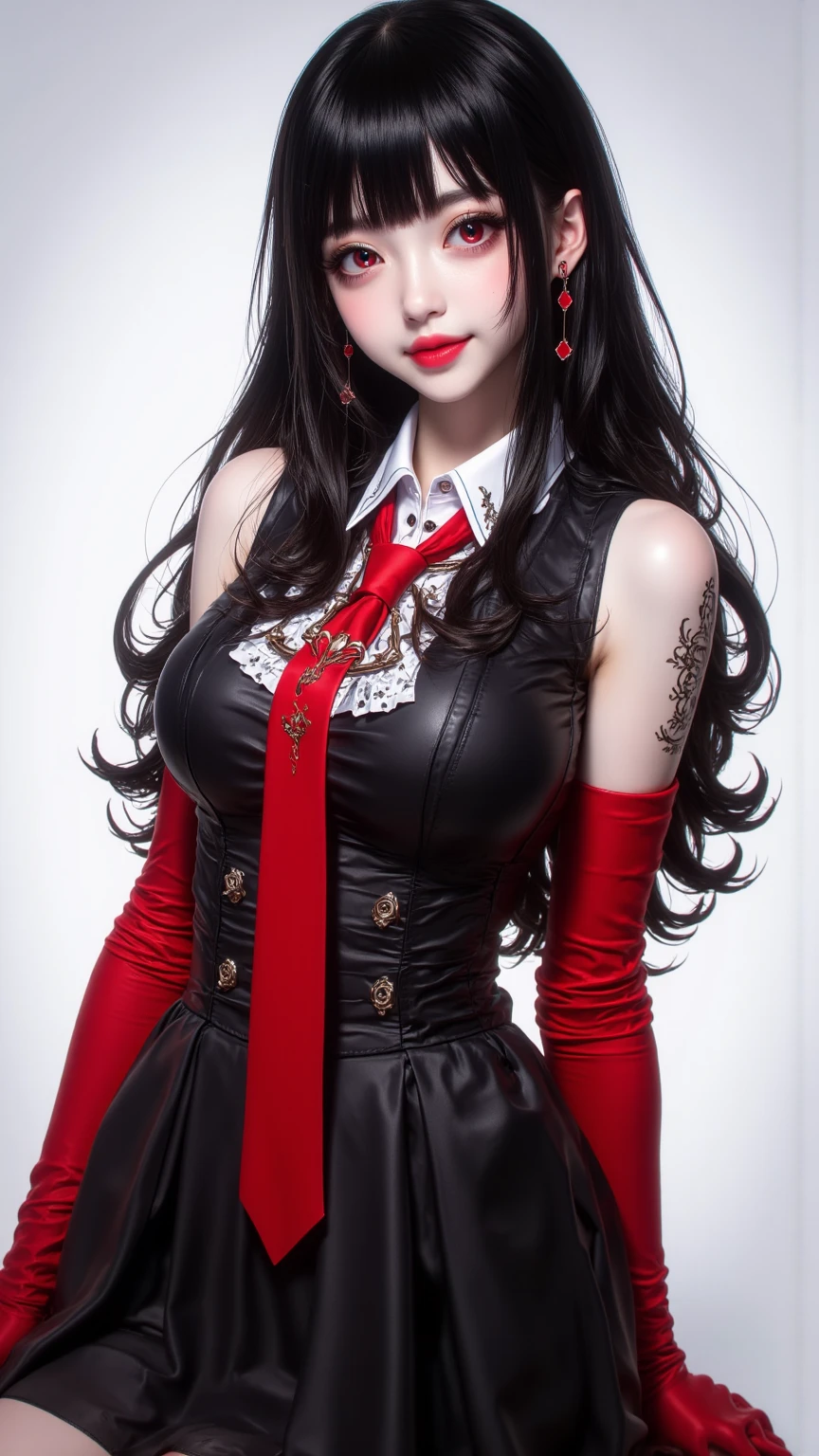 baby 5 from anime one piece, black hair, long hair, pretty bangs, beautiful woman, standing, looking at the viewer, perfect body, slightly smiling, standing, full body, wearing a red dress with a tufted collar