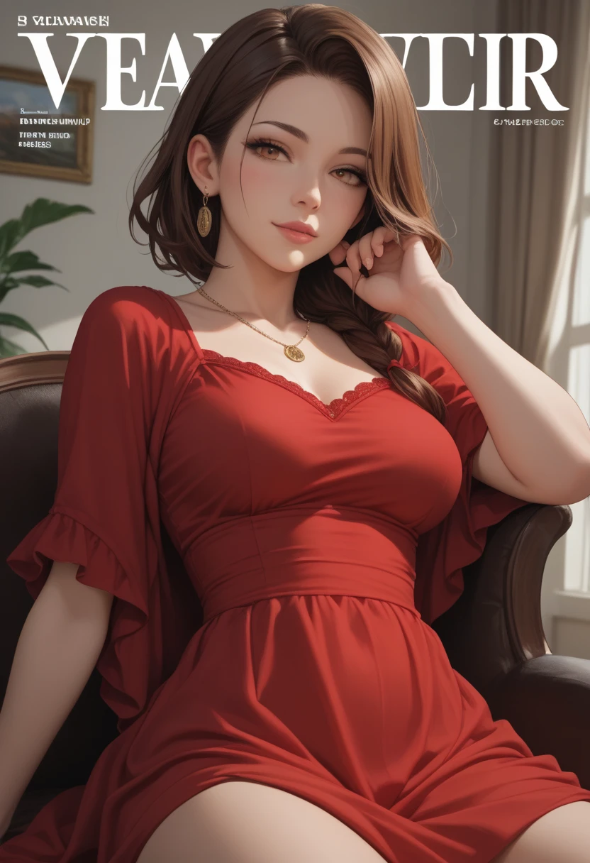 masterpiece, glowing,1 woman, wrenchelegadome, hair ornament, jewelry, red dress, sitting, detailed face, sexy, black hair, large breast, cleavage, seductive, inside a castle