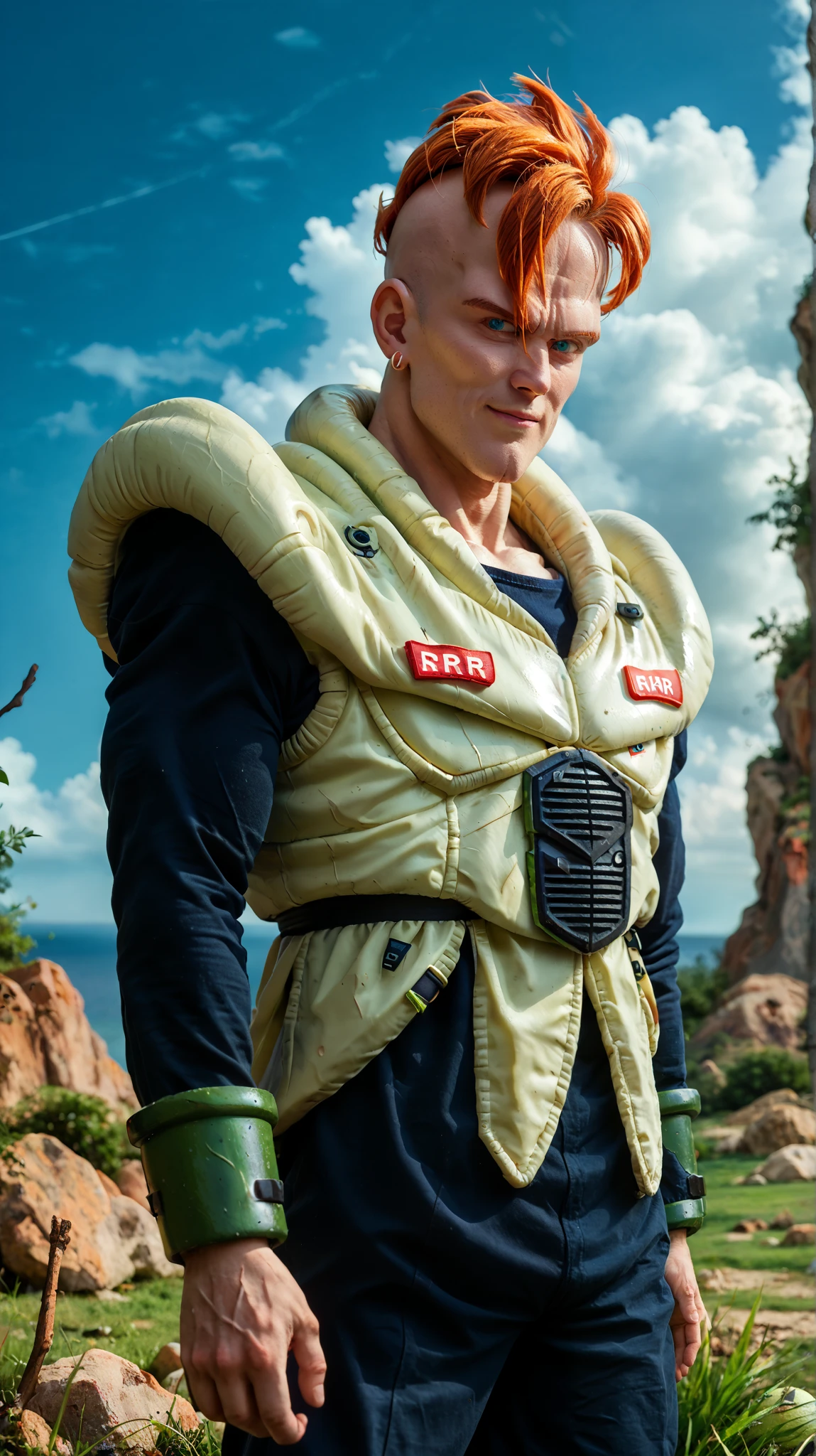 score_9,score_8_up,score_7_up, score_6_up, BREAK, android 16,1boy,solo,cowboy shot,mount paozu, blue sky, cloud, grass,thin mountain, cliff, bush,outdoors, orange hair,mohawk, light blue eyes, lime green armor, lime green arm guards,black bodysuit, smile,looking at viewer, closed mouth,red badge, rr,yellow earrings, (from side:0.7),