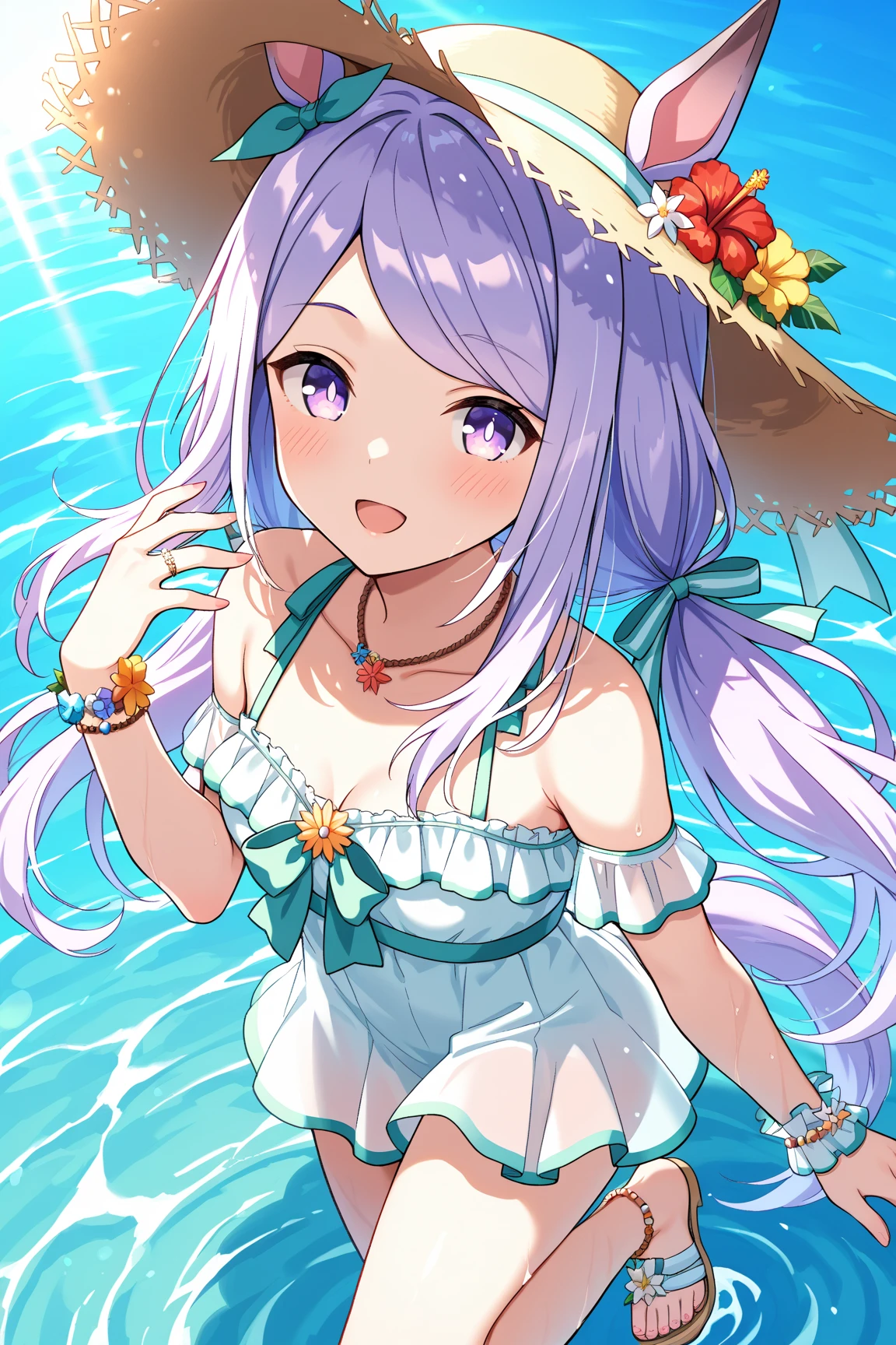 summer、1 girl、((Silver fur))、((Pink sparkly eyes))、A sloppy smile、Open your mouth、Swimwear、Highest quality、Ocean