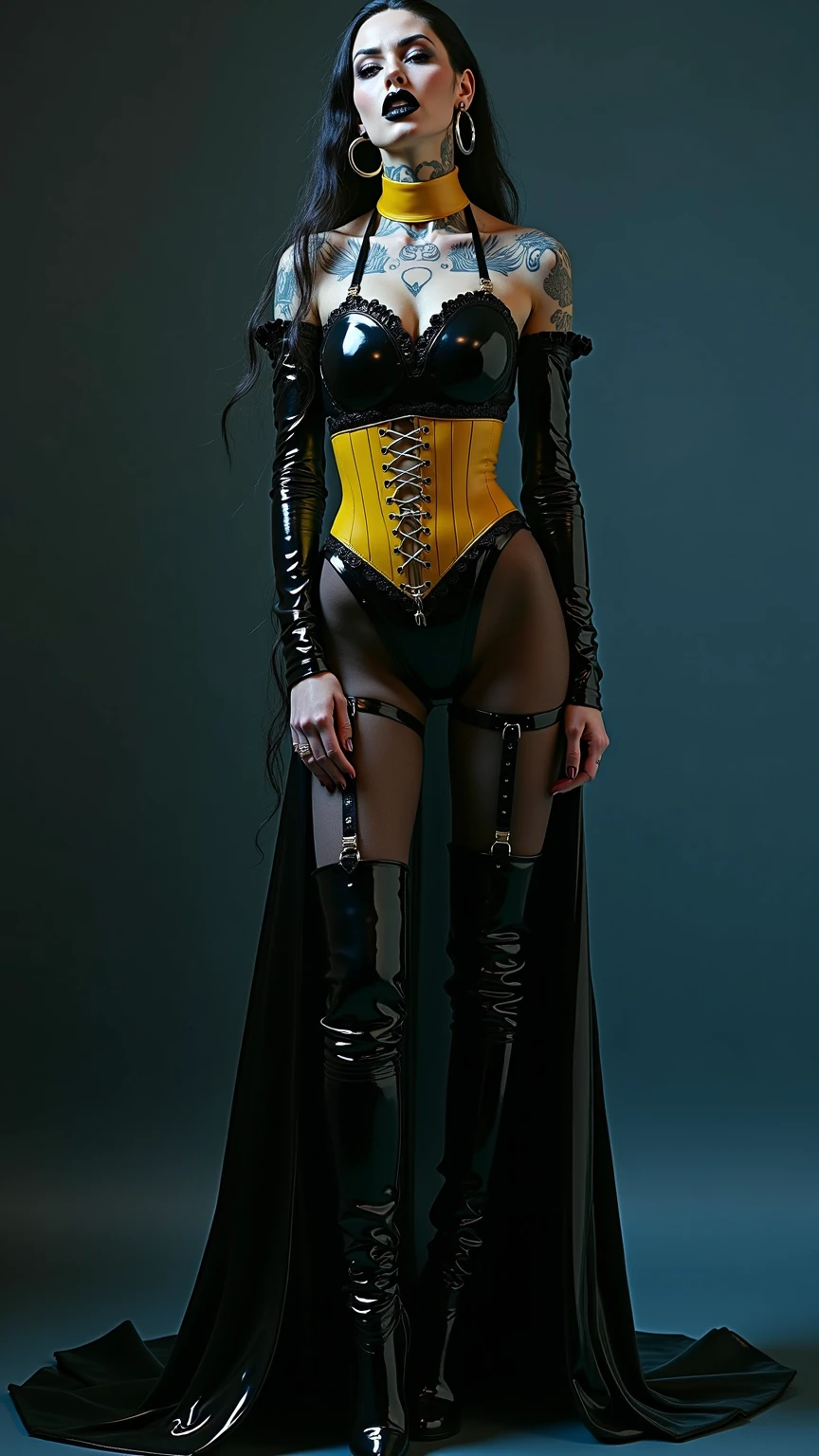 Silk Spectre II。long hair。Black and yellow latex dress。black Stiletto heeled boots。garters。tmasterpiece。HighestQuali。