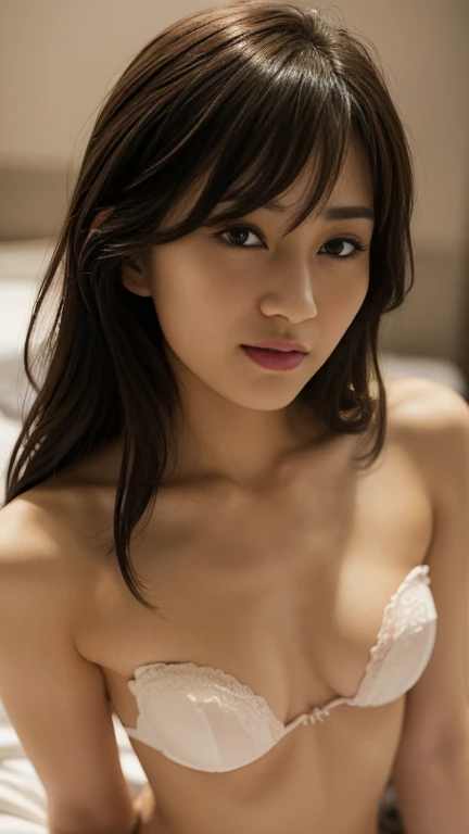 (best quality,ultra-detailed,highres,masterpiece:1.2),realistic,beautiful detailed eyes,beautiful detailed lips,extremely detailed eyes and face,long eyelashes,shy smile,1girl in white underwear,looking at viewer,gravure,bokeh effect,dreamy atmosphere,soft lighting,warm color tone,gorgeous sky line,beautiful women