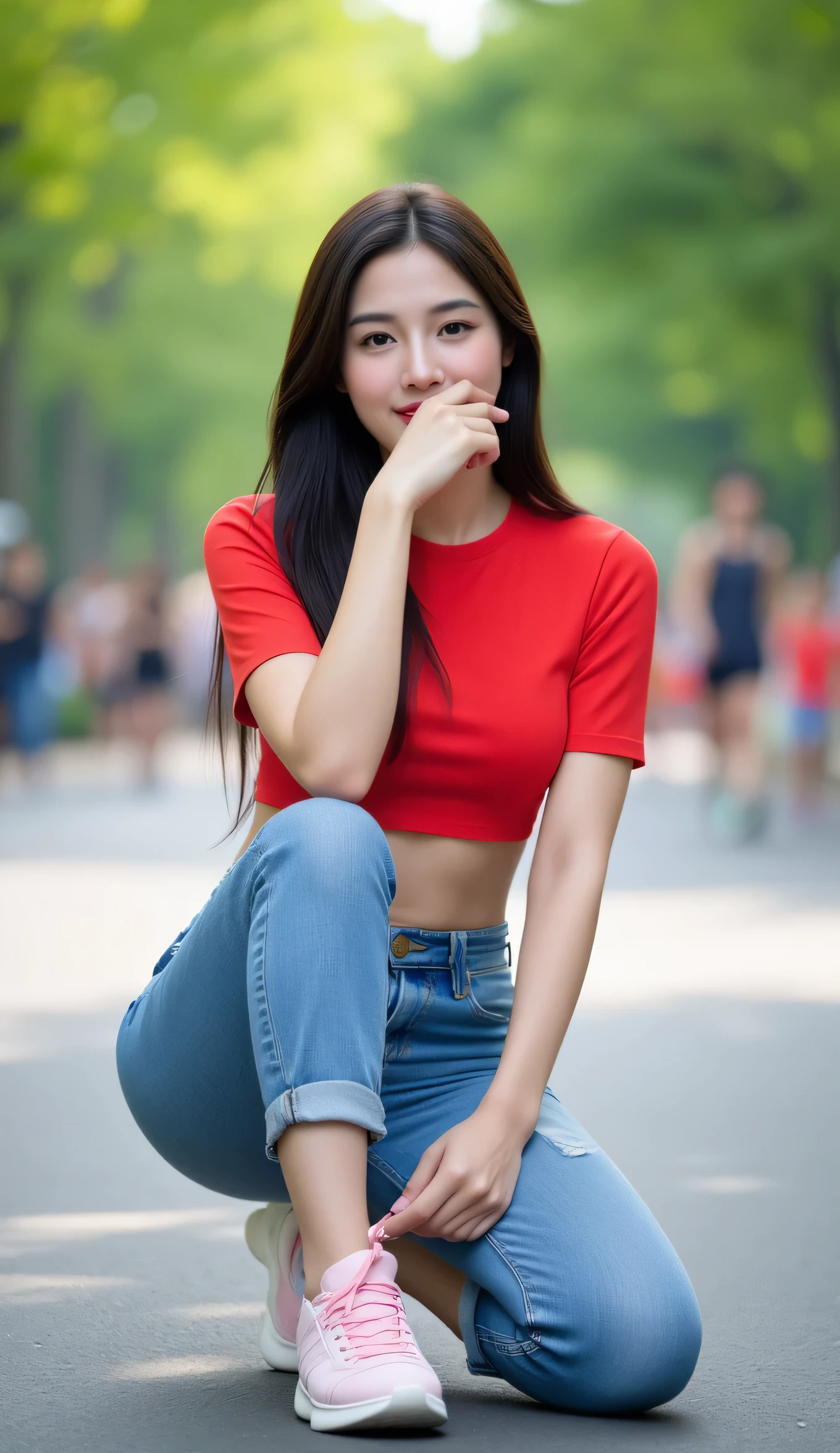 Realistic photo. High resolution and artistic photography. Beautiful 20s Asian woman with long black hair and pink lips. She is wearing a red crop top and a round neck shirt. She sits on her left heel and ties her right shoe on her stretched foot. Her pastel pink sneakers are held in her hands. She is wearing faded jeans. In the far background is a beautiful green public jogging street with many people walking and exercising. Morning outdoor lighting. Sexy shot highlights her round breasts and artistic legs. The mother is shooting and the woman is looking up, covering her mouth and smiling broadly at the camera.