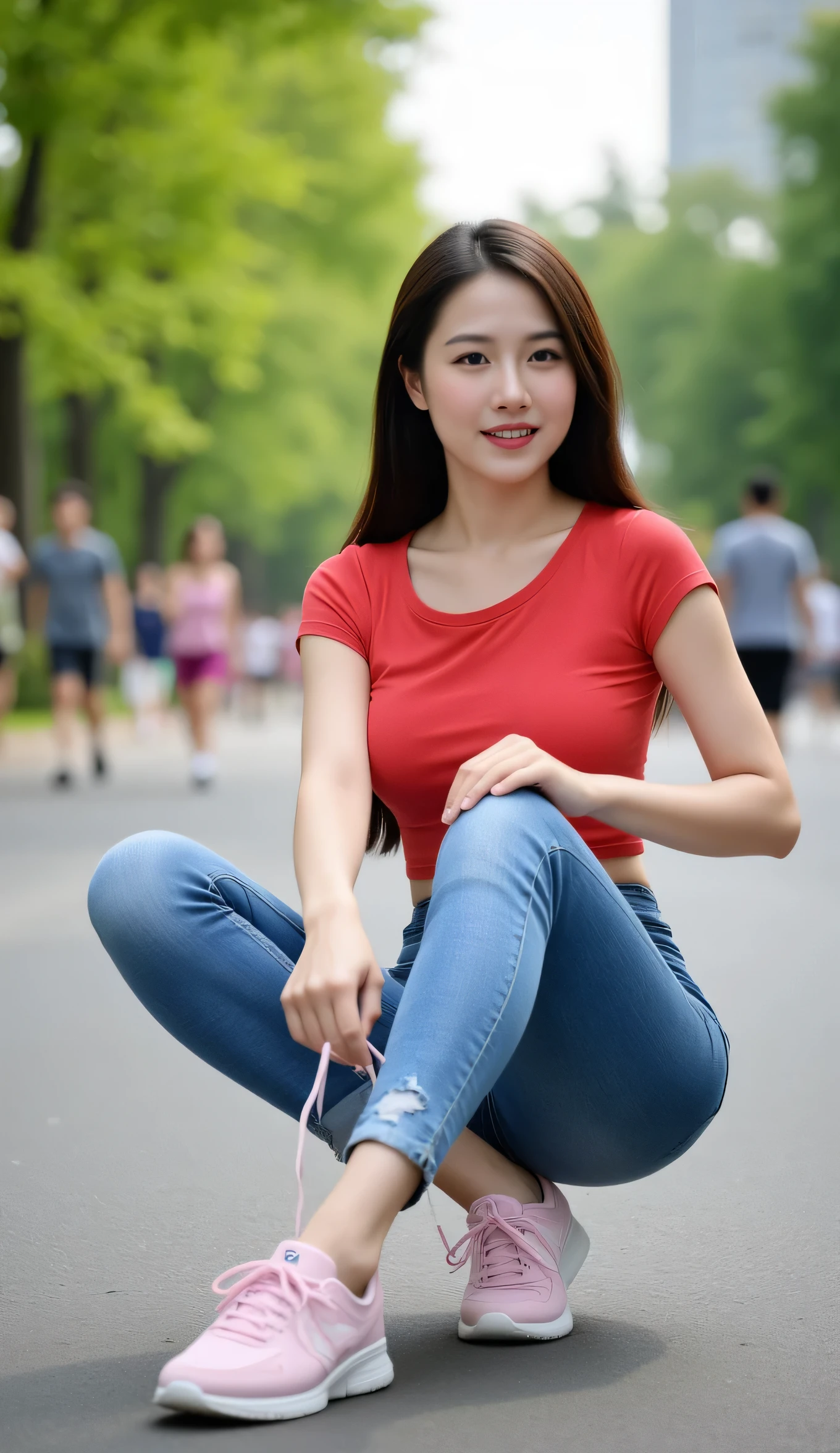 Realistic photo. High resolution and artistic photography. Beautiful 20s Asian woman with long black hair and pink lips. She is wearing a red crop top and a round neck shirt. She sits on her left heel and ties her right shoe on her stretched foot. Her pastel pink sneakers are held in her hands. She is wearing faded jeans. In the far background is a beautiful green public jogging street with many people walking and exercising. Morning outdoor lighting. Sexy shot highlights her round breasts and artistic legs. The mother is shooting and the woman is looking up, covering her mouth and smiling broadly at the camera.