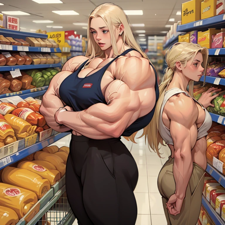 score_9, score_8_superior, score_7_superior, score_6_superior, sauce_anime, Shopping Mall Background, Low - Angle, From below, One girl, 1人のmaleの子, duo, big_female, small_male, size_difference, Are standing, Looking down, break, chubby muscular female, break, Blonde
