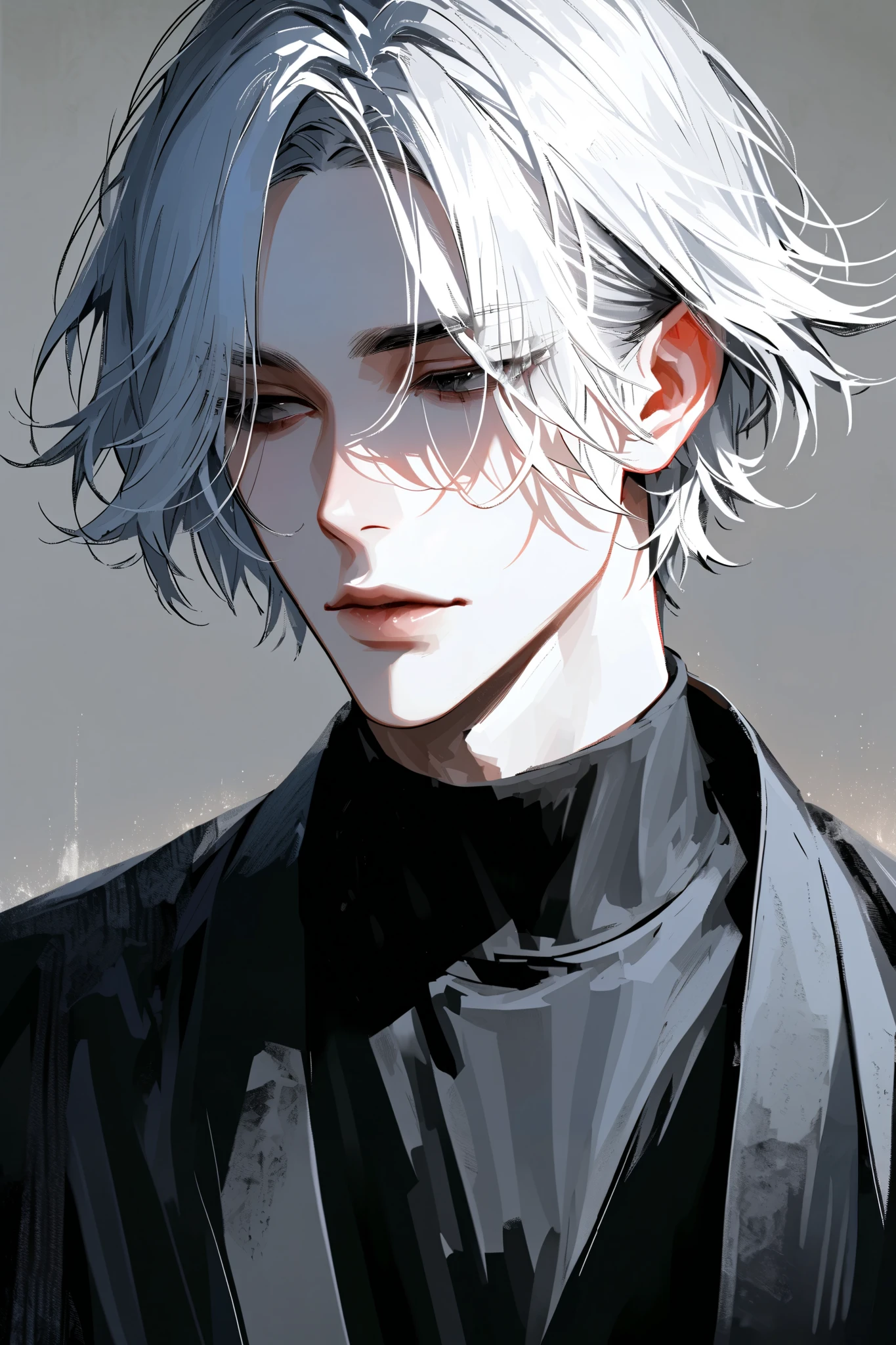 impasto, short hair, masterpiece, best quality, 1 man , white hair , perfect face , black eye , handsome male , Alone, pale skin , adult male , upper body , delicate line drawing,Extremely detailed , a faint smile, black turtleneck