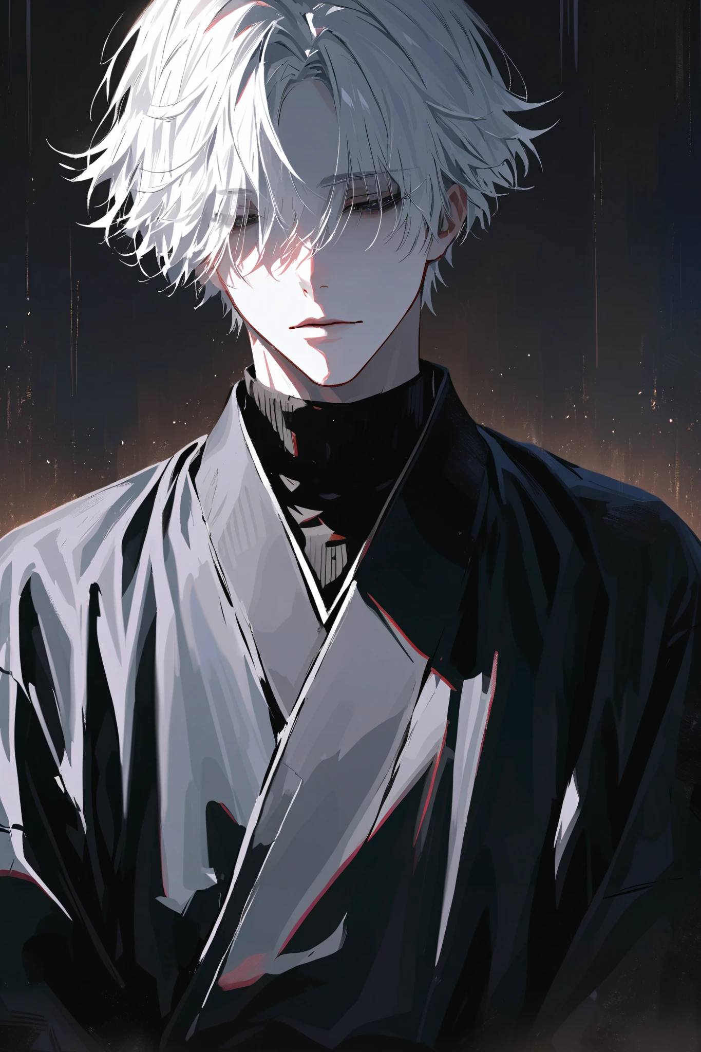 impasto, short hair, masterpiece, best quality, 1 man , white hair , perfect face , black eye , handsome male , Alone, pale skin , adult male , upper body , delicate line drawing,Extremely detailed , a faint smile, black turtleneck