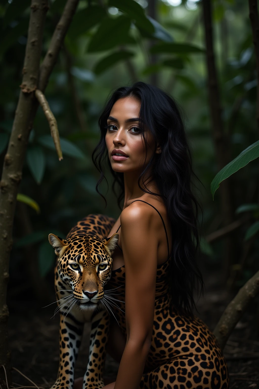 araffe posing with a black leopard in a jungle with palm trees, queen of the jungle, national geographic photoshoot, gorgeous jungle Tarzan woman, amazon queen, dolce & gabbana campaign, jaguar, jungle, brazilan supermodel, on jungle night !!!, in a jungle environment, in the jungle, amazonian, 4k still, beautiful, in a jungle, 3 0 years busty woman