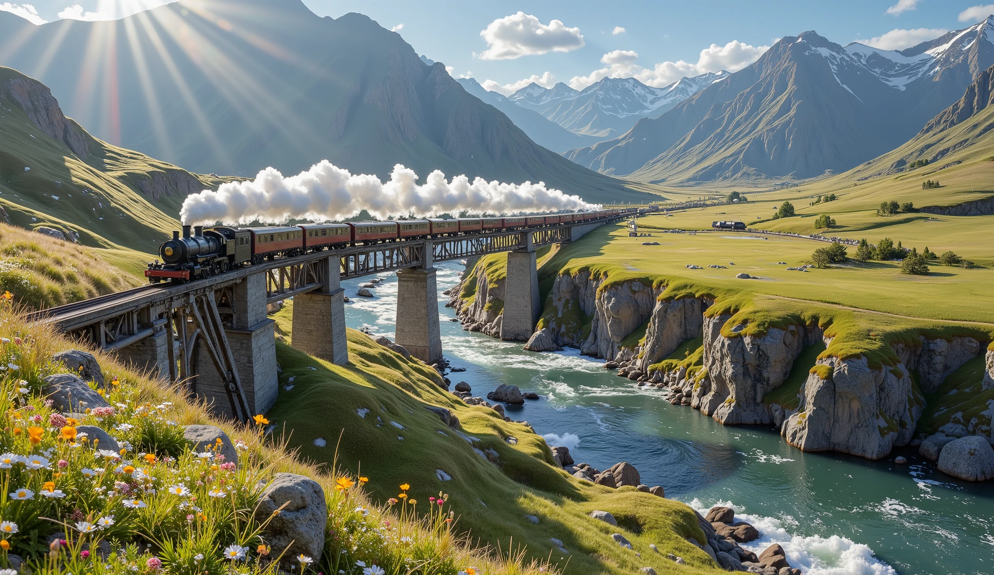 "From a breathtaking bird’s-eye view, a majestic steam locomotive chugs steadily across a towering bridge, its dark metal body gleaming under the midday sun. A thick plume of white steam rises from its smokestack, swirling into the bright blue sky as the train moves forward with rhythmic determination. The bridge, an impressive structure of steel and stone, spans high above a glistening river that winds gracefully through the valley below.
Beneath the bridge, the river’s crystal-clear waters reflect the golden sunlight, creating a shimmering path that leads toward a cascading waterfall. The water crashes down from the rocky cliffs, sending a misty spray into the air before continuing its journey through the lush, green grasslands. The sound of rushing water blends harmoniously with the distant echoes of the steam train’s whistle, adding to the scene’s serene yet powerful atmosphere.
Beyond the river, endless rolling plains stretch toward the horizon, blanketed in vibrant green grass that dances gently in the breeze. Scattered wildflowers add pops of color, painting the landscape with shades of yellow, purple, and white. The grasslands eventually give way to towering mountain ranges in the distance, their rugged peaks standing tall against the clear blue sky, partially veiled by wisps of drifting clouds.
The steam train, a symbol of adventure and nostalgia, continues its journey across the bridge, its wheels clattering against the iron rails. As it moves forward, it leaves behind a trail of misty vapor, blending seamlessly with the landscape, creating a mesmerizing contrast between man-made engineering and the untouched beauty of nature."