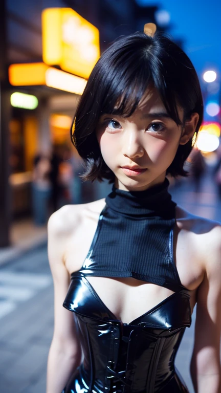 (((Beautiful girl small breasts))),Cute woman、(((Upper body naked))),Big smile,(((Completely naked))),Shoulder-length hair、(((Round face))),(((Big eyes))),(((Droopy eyes))),Shoulder-length hair、 Round eyes、No makeup、Sweaty、Sweating、(((Black costume))),(((Battlesuits of the future)))、(((A suit with glowing decorations))),Complex background punk, , Futuristic, Post-apocalyptic, dark, 薄dark光, ((masterpiece, Highest quality, )),(((Nipples exposed through the gaps in her clothes))),,(((Small nipples))),(((Small areola))),(((Nipple details))),The neon-lit streets of a cyberpunk metropolis, Ignoring the boundaries between reality and technology、(((Small breasts)))、(((Small breasts)))、Pretty beautiful girl、(((Upper body naked)))、(((Face that looks like an elementary school student))),(((Flat Body)))
