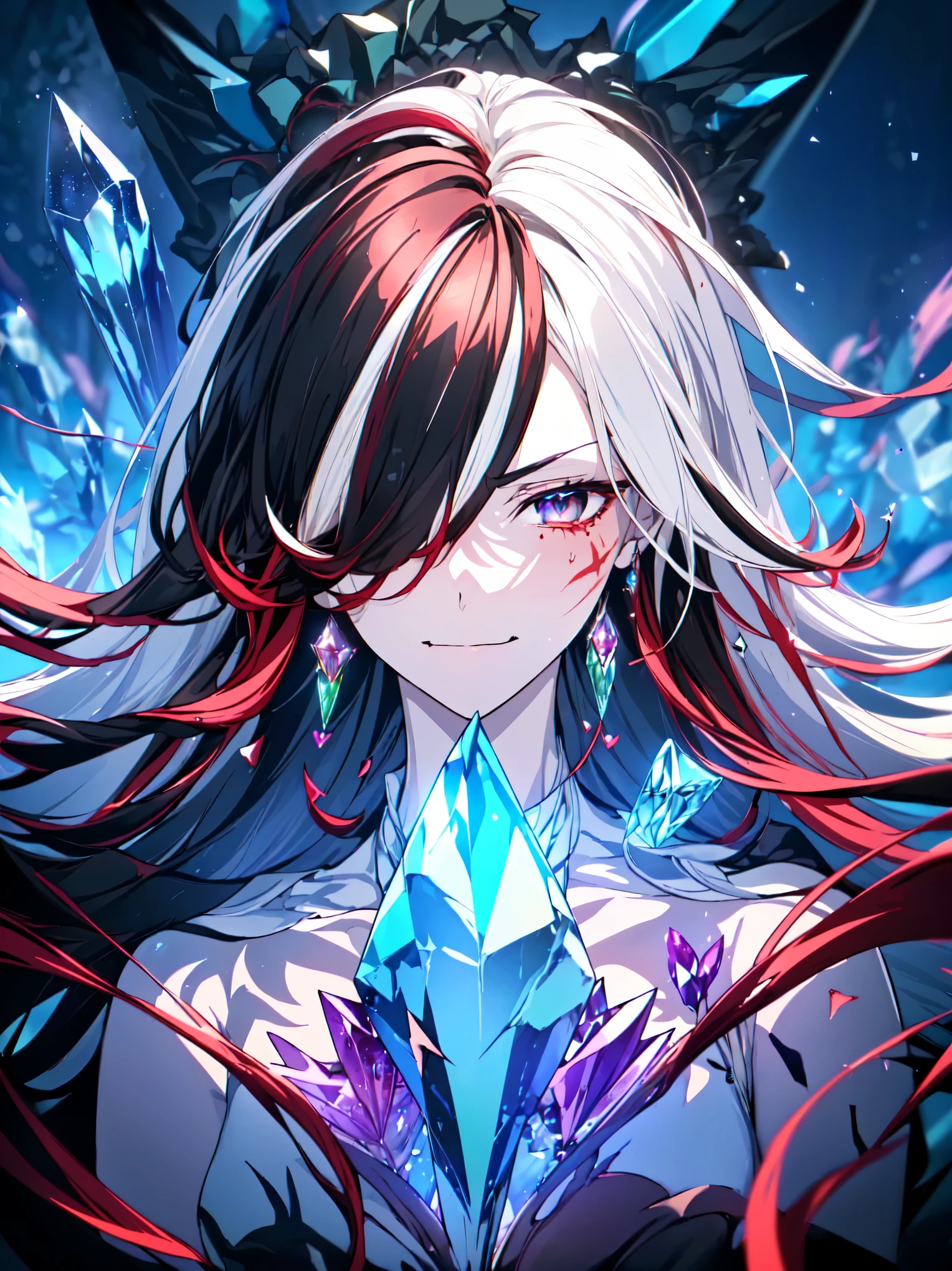 masterpiece, best quality, (anime character, anime, detailed anime, video game art, extremely detailed CG unity 8k wallpaper), (best quality), (best illustration), (best shadow), absurdres, realistic lighting, (Abyss), dynamic pose, dynamic, (fcPortrait, (close up shot:1.1), upper body shot:1.14), angled shot, (solo, 1girl:1.44), normal, (crystal dress:1.8 | White flower dress:1.4), (Flower over eye, manjusaku, flower:1.95), camellya, (purple eyes, red eyes, blue eyes, gray eyes, black sclera), (((white hair, black hair:1.44), brown hair:1.2), pink hair, (four tone hair, multicolored hair:1.523), hair over one eye, very long hair:1.4), ethereal, aesthetic, ((fragmented glass:1.44), (shattered crystals:1.8), glowing:0.74), (water:0.77), (eye marking, sickly, weakness:1.1), ((closed mouth, smirk:1.11), restrained anger:1.02), (soft (gentle loving:1.73) tsurime:1.1), spiritual wounds, burning, flames, fallen nobility, crumbling crystals, darkness, corruption, bodily marks, (glowing marks, crystal flowers, glowing crystals, crystal skin:1.16)