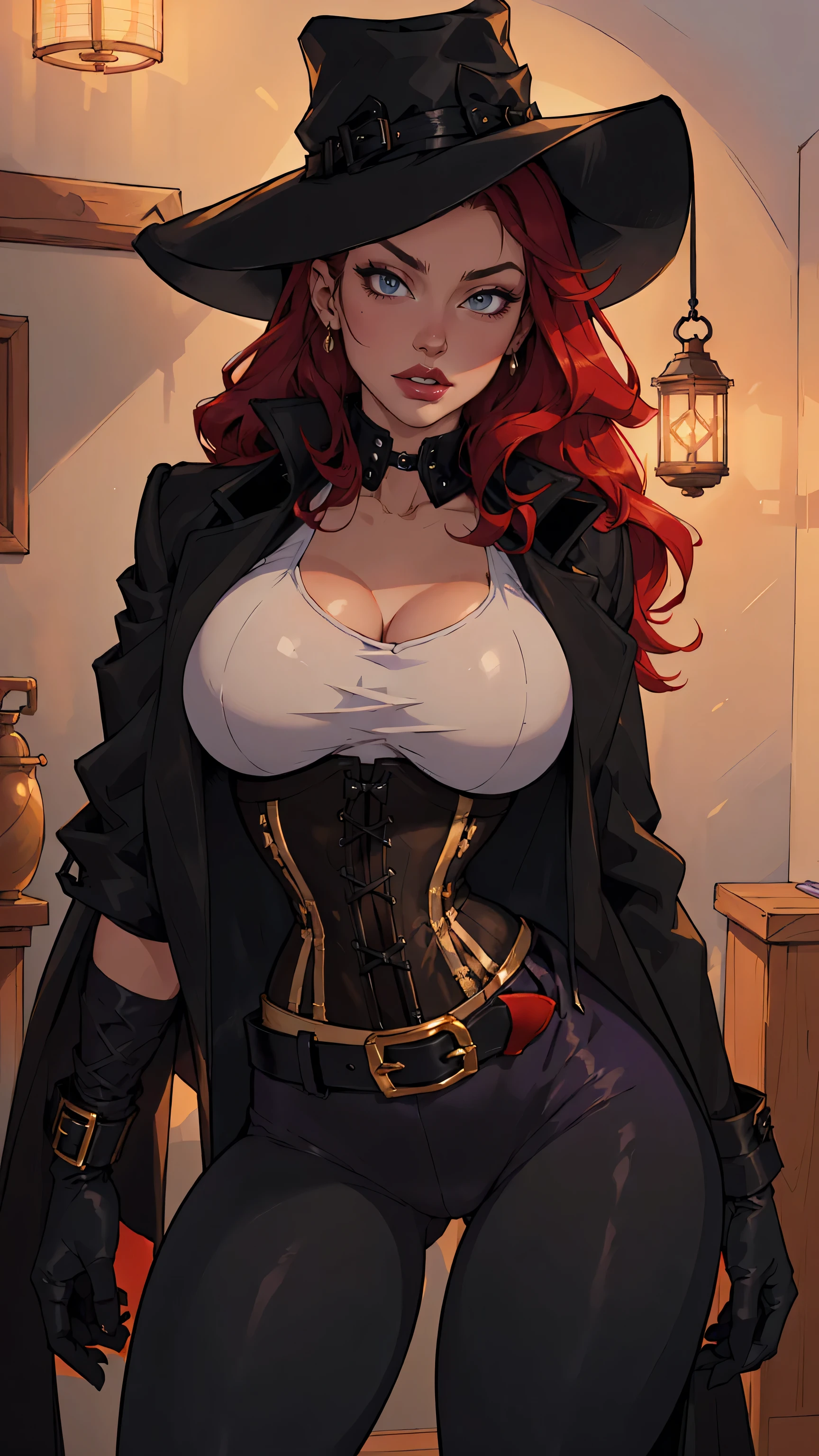 a beautiful redheaded swedish vampire noblewoman, long flowing red hair, bright green eyes, rounded face, pale skin, middlebreasts, slim waist, wearing stylish dark clothes, alluring, in a dark room at night, dutch angle, best quality, 4k, 8k, highres, masterpiece:1.2, ultra-detailed, realistic, photorealistic, photo-realistic:1.37, HDR, UHD, studio lighting, ultra-fine painting, sharp focus, physically-based rendering, extreme detail description, professional, vivid colors, bokeh, portrait