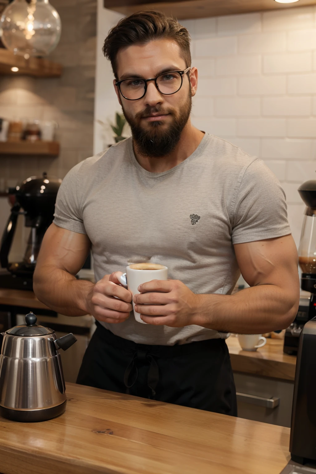 Crie uma imagem de um homem forte, but standard body, sitting at a café, Sipping your coffee in a white cup. O foco deve ser apenas no homem, while the rest of the environment is gently blurred, Directing attention to your presence.
O homem deve ser retratado como forte e apto, wearing a casual babylook t-shirt that complements her physique. Your posture should exude relaxation and pleasure while indulging in coffee.
The background of the café should be described in sufficient detail to give context, but with a soft blur to emphasize man as the central subject. The atmosphere of the café should increase the warm and pleasant atmosphere.
Use vibrant colors and lighting to highlight the characteristics of the man and show the warmth of the coffee environment. The big picture should capture the moment of tranquility and pleasure as the muscular man drinks his coffee in the comfort of the coffee.