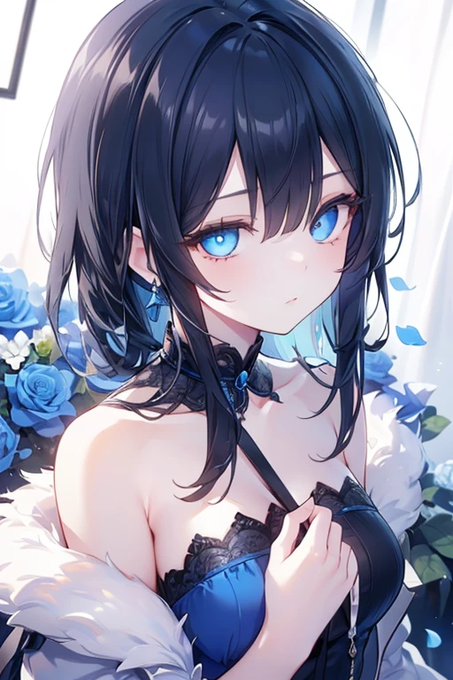 absurdres, RAW photo, extremely delicate and beautiful, masterpiece, Best Quality, ultra high resolution, 32k, hyperrealistic, ultra-detailed, detailed description, pale skin, 20 years old, delicate facial features, detailed beautiful face and eyes, tearful mole, earring, Colossal tits, short medium hair, wavy hair, (full body shot), halterneck blouse, skirt,