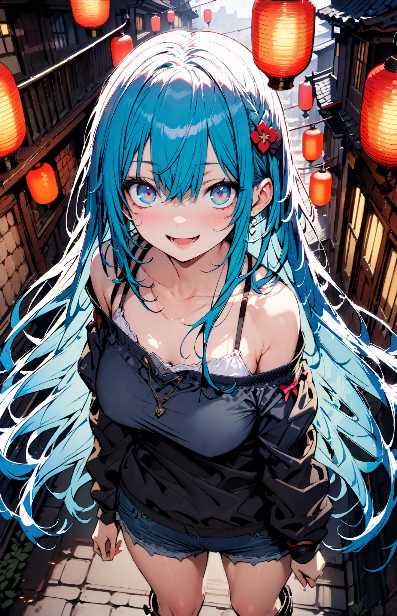 konosubaAqua, Aqua, long hair, blue eyes, hair ornaments close to the garden, very long hair, Lantern , hair ornaments close to the garden, SINGLE RING OF HAIR , hair bobble,smile,, open your mouth ,Medium Bust,BLUE OFF SHOULDER SWEATER,Bare clavicle,Bareneck, shoulder out, is , denim micro shorts , standing, Short Boots,whole bodyがイラストに入るように,
break outdoor, city,building,
break looking at viewer, whole body,
break ( masterpiece:1.2), TOP QUALITY, high resolution, Uniform 8k Wallpaper , (shape:0.8), ( Beautiful eyes with great attention to detail:1.6), highly detailed face , perfect lighting during study , Exquisite CG , ( perfect hand, Perfect Anatomy),