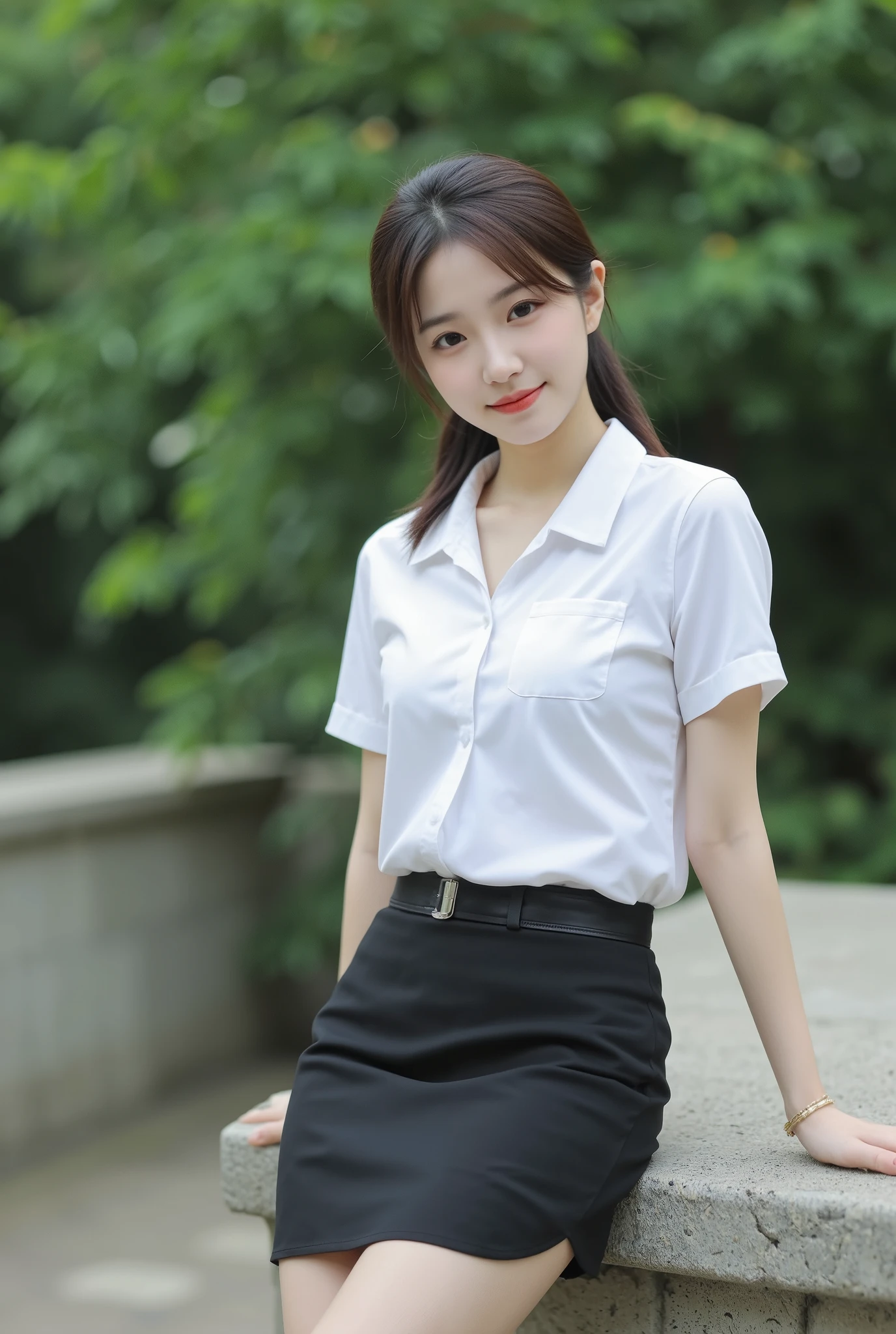 with dark brown hair tied at the back、A breathtakingly beautiful woman , slender figure , And slender eyes she wears a Nishit costume, with a white short-sleeved collared shirt、black pencil miniskirt that fits her body properly tucked in、wears a stylish black belt. black ballet shoes accentuate her elegance, with legs on the wall, cross your arms a little, staring confidently into the camera , well-groomed hands, Strong Stance , in the background 、 Colorful Flowers 々and a lush forest that blurs like a dream.high resolution, Masterpiece, accurate, 最 high quality, DETAILS , 高い DETAILS , high quality, big breasts,