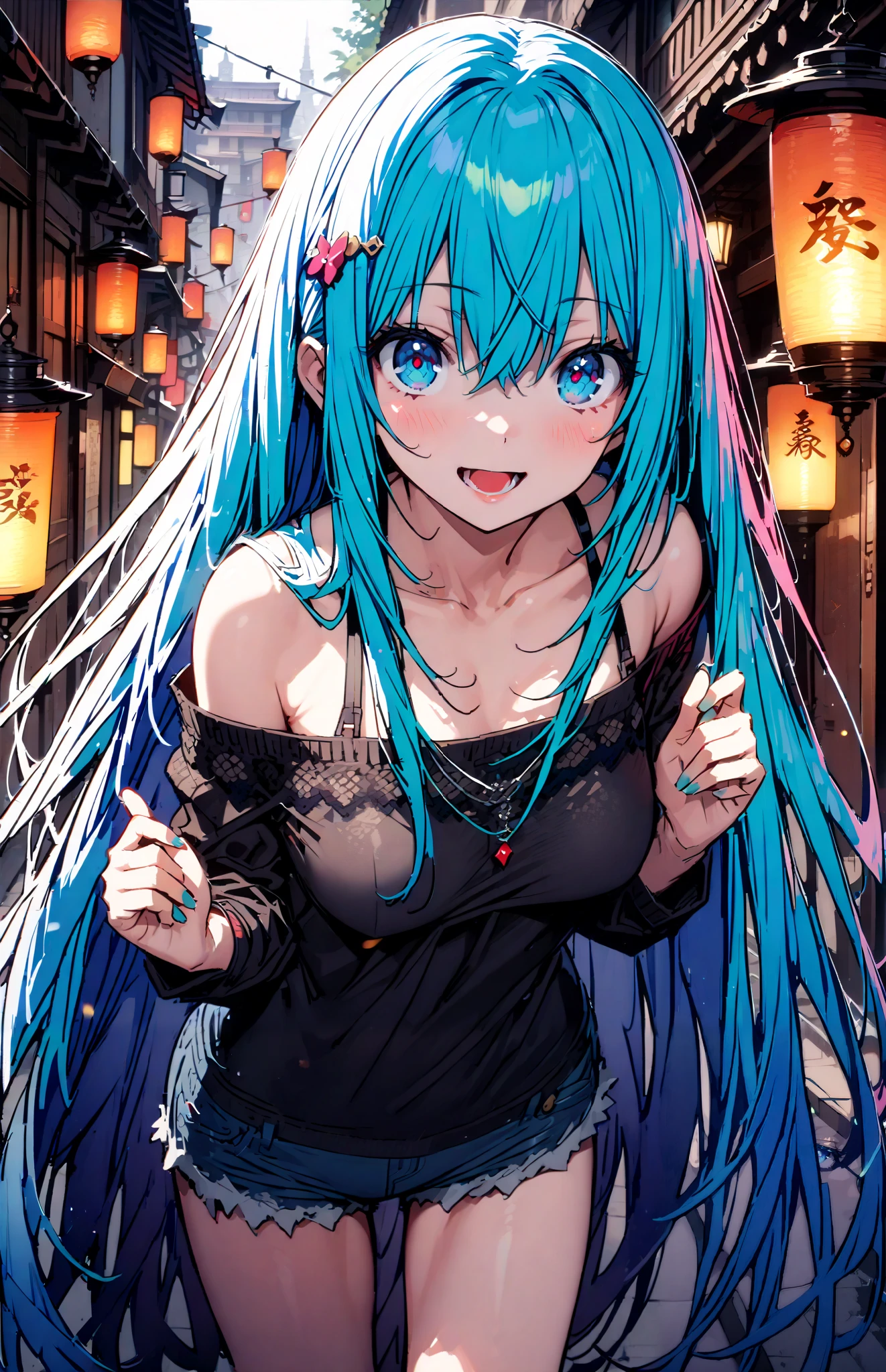 konosubaAqua, Aqua, long hair, blue eyes, hair ornaments close to the garden, very long hair, Lantern , hair ornaments close to the garden, SINGLE RING OF HAIR , hair bobble,smile,, open your mouth ,Medium Bust,BLUE OFF SHOULDER SWEATER,Bare clavicle,Bareneck, shoulder out, is , denim micro shorts , standing, Short Boots,whole bodyがイラストに入るように,
break outdoor, city,building,
break looking at viewer, whole body,
break ( masterpiece:1.2), TOP QUALITY, high resolution, Uniform 8k Wallpaper , (shape:0.8), ( Beautiful eyes with great attention to detail:1.6), highly detailed face , perfect lighting during study , Exquisite CG , ( perfect hand, Perfect Anatomy),