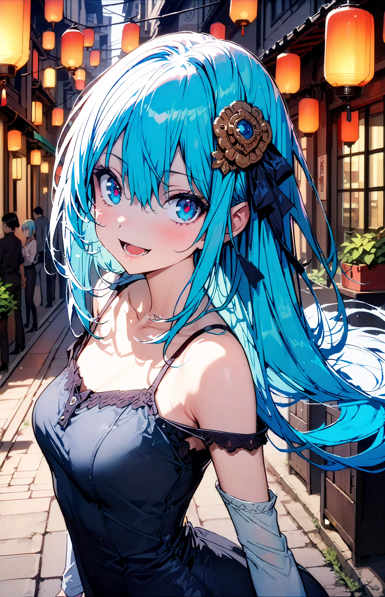 konosubaAqua, Aqua, long hair, blue eyes, hair ornaments close to the garden, very long hair, Lantern , hair ornaments close to the garden, SINGLE RING OF HAIR , hair bobble,smile,, open your mouth ,Medium Bust,BLUE OFF SHOULDER SWEATER,Bare clavicle,Bareneck, shoulder out, is , denim micro shorts , standing, Short Boots,whole bodyがイラストに入るように,
break outdoor, city,building,
break looking at viewer, whole body,
break ( masterpiece:1.2), TOP QUALITY, high resolution, Uniform 8k Wallpaper , (shape:0.8), ( Beautiful eyes with great attention to detail:1.6), highly detailed face , perfect lighting during study , Exquisite CG , ( perfect hand, Perfect Anatomy),