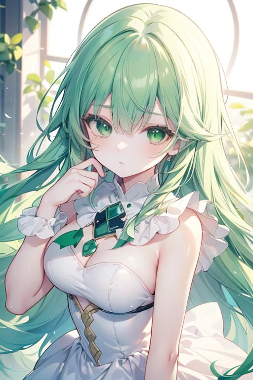 Full body in frame、I have a smartphone、Green Hair、Bun Hair、High-resolution model without background, Crystal Earrings, One girl, Are crying, I want to cry, Sparkling eyes, Widescreen,