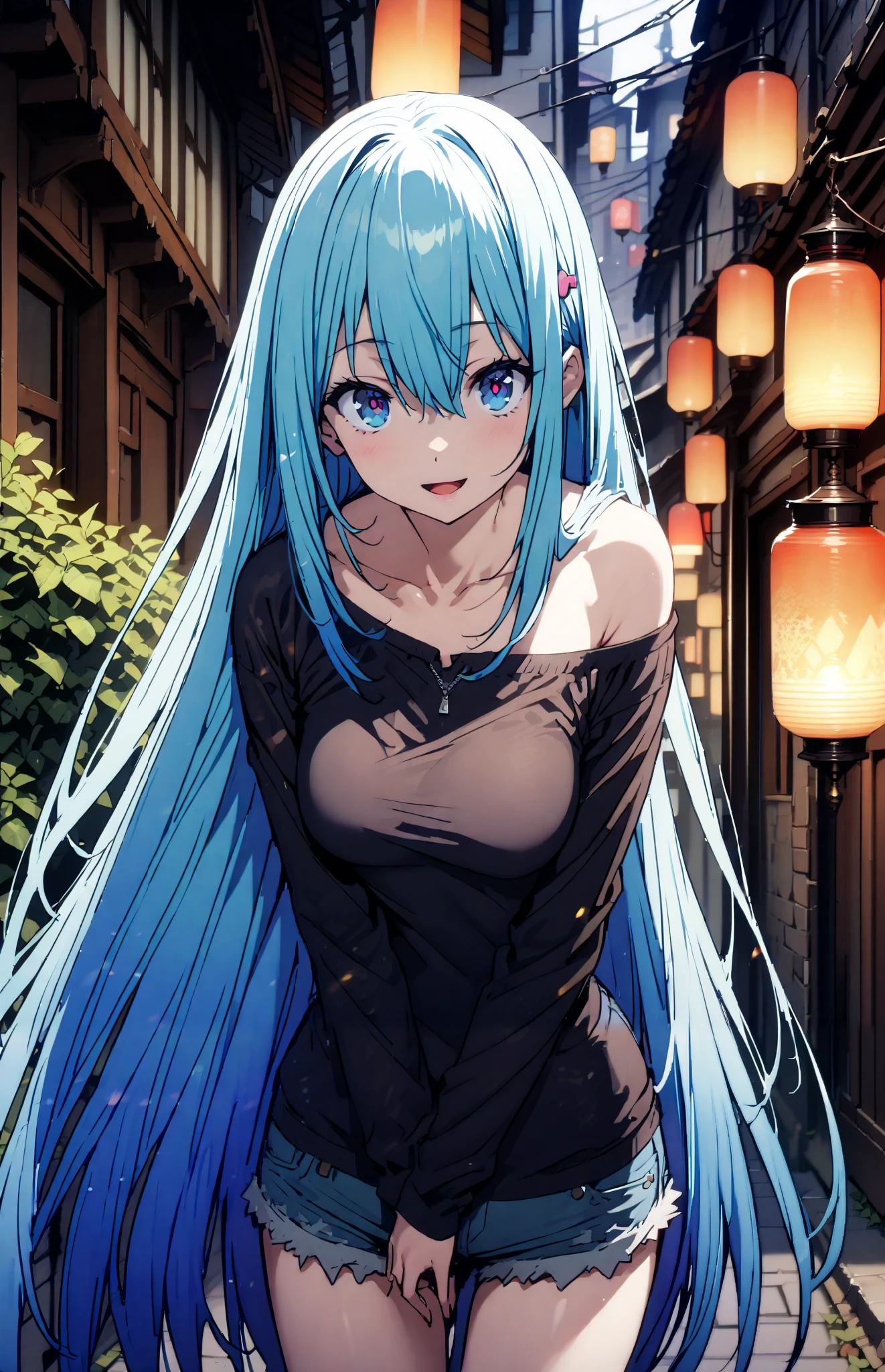 konosubaAqua, Aqua, long hair, blue eyes, hair ornaments close to the garden, very long hair, Lantern , hair ornaments close to the garden, SINGLE RING OF HAIR , hair bobble,smile,, open your mouth ,Medium Bust,BLUE OFF SHOULDER SWEATER,Bare clavicle,Bareneck, shoulder out, is , denim micro shorts , standing, Short Boots,whole bodyがイラストに入るように,
break outdoor, city,building,
break looking at viewer, whole body,
break ( masterpiece:1.2), TOP QUALITY, high resolution, Uniform 8k Wallpaper , (shape:0.8), ( Beautiful eyes with great attention to detail:1.6), highly detailed face , perfect lighting during study , Exquisite CG , ( perfect hand, Perfect Anatomy),