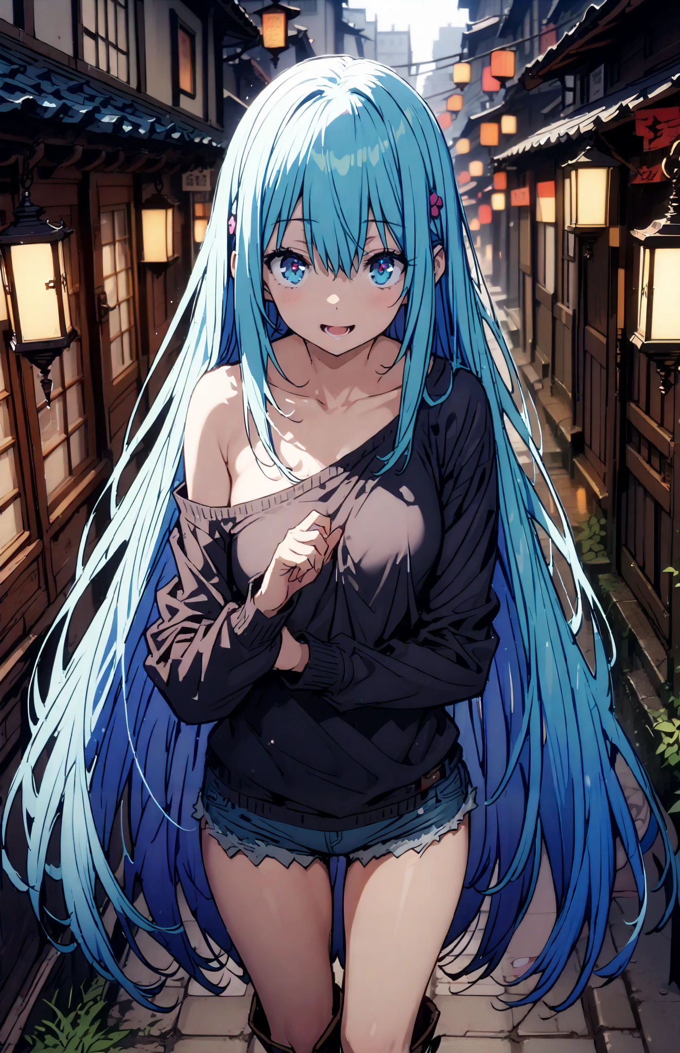 konosubaAqua, Aqua, long hair, blue eyes, hair ornaments close to the garden, very long hair, Lantern , hair ornaments close to the garden, SINGLE RING OF HAIR , hair bobble,smile,, open your mouth ,Medium Bust,BLUE OFF SHOULDER SWEATER,Bare clavicle,Bareneck, shoulder out, is , denim micro shorts , standing, Short Boots,whole bodyがイラストに入るように,
break outdoor, city,building,
break looking at viewer, whole body,
break ( masterpiece:1.2), TOP QUALITY, high resolution, Uniform 8k Wallpaper , (shape:0.8), ( Beautiful eyes with great attention to detail:1.6), highly detailed face , perfect lighting during study , Exquisite CG , ( perfect hand, Perfect Anatomy),