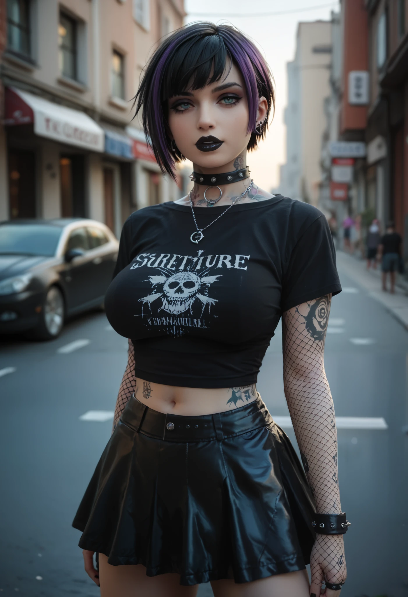 1gurk, emo, black hair, short emo_hairstyle, big breasts, solid black t shirt, mesh sleeves, necklace, black lipstick, black lips, street, purple ruffle skirt, tattoos, pale skin
