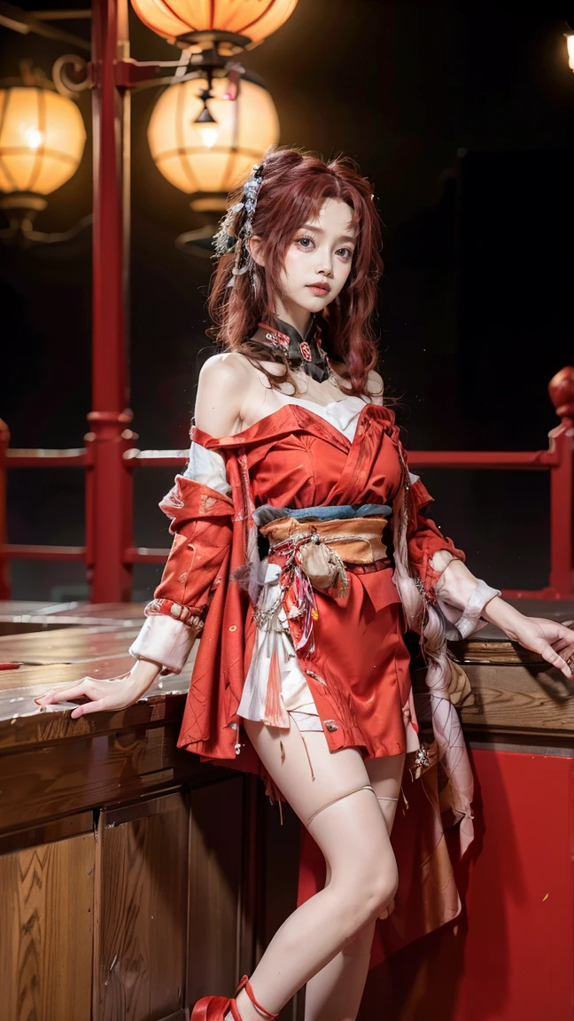 Casino red light,Cool color environment,a throne,woman,redheadwear,and waist dispersion,Forehead bangs,Hair fluttering,Traditional Japanese red and black kimono,Beauty,Look up to the perspective to shoot,Plump and sexy,Medium-breasted,The expression is cold