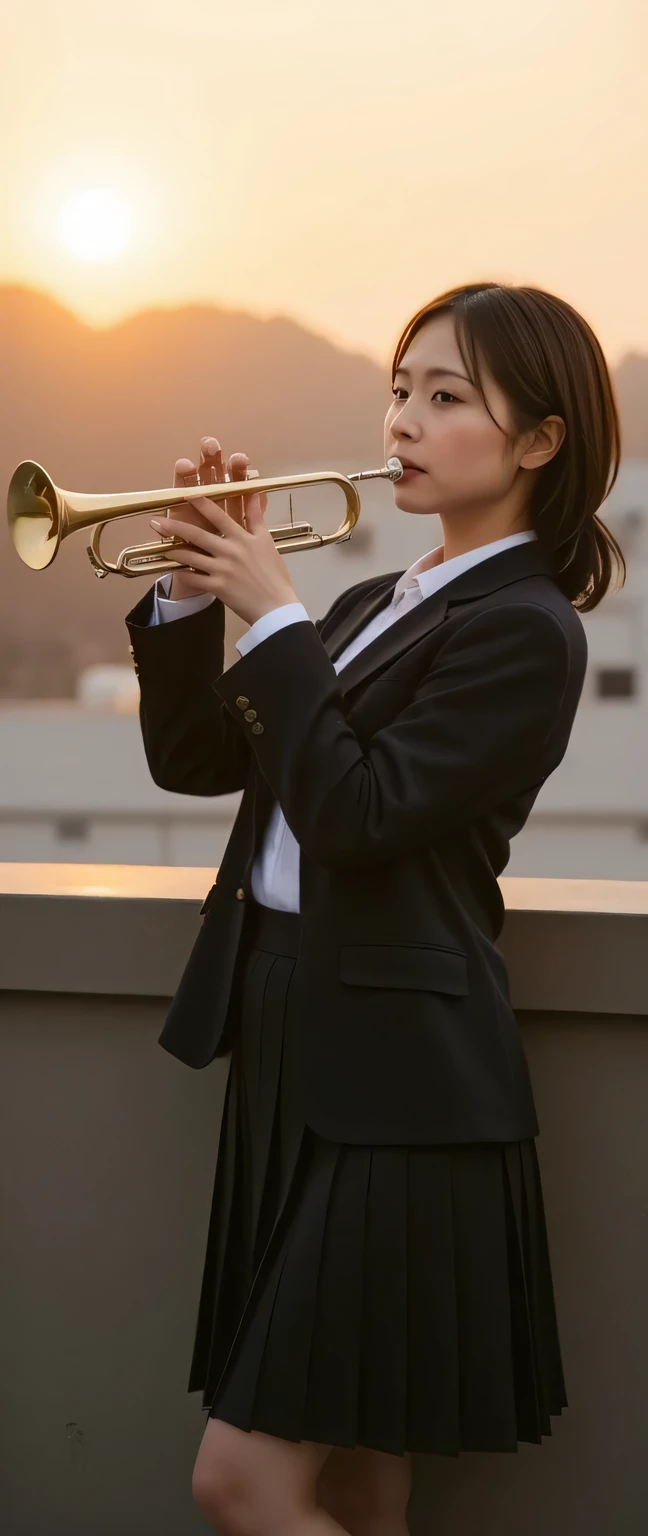 Dramatic Scenes , shadow, Global Illumination, alone, retro female student photo :1.331, by Nomi, Beautiful Japanese woman's face, I'm playing the:1.5, trumpet on the high school rooftop:2.0, Side View :1.7, Very by Nomi photos, super real, photorealistic, five anatomically correct fingers, Perfect Anatomy:1.21, small head:1.21, Close your lips , black trail blazer :1.21, A modest blazer uniform from a famous high school in the city , Black blazer:1.331, white shirt:1.21, Black thin loop ribbon :1.331, black pleated skirt, black hair:1.21, bob cut hair:1.21, The face of a beautiful Japanese woman without makeup :1.21, Detailed Iris, Sharp eyebrows:1.37, detailed face, Fair, fine skin, Glowing Skin:1.21, On the roof of a school at dusk , Silky Screen, A trumpet player on the rooftop of a high school, with the strong sunlight shining through , Nostalgic Photos, Dynamic, cinematic lighting stands out,