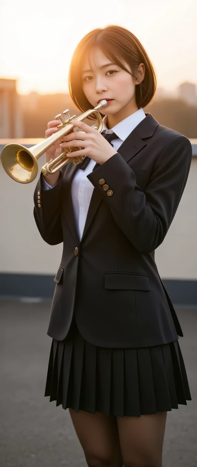 Breathtaking beauty, perfect composition, proper placement in office clothes, golden ratio, Dramatic Scenes , shadow, Global Illumination, alone, retro female student photo :1.331, by Nomi, Beautiful Japanese woman's face, I'm playing the:1.5, trumpet on the high school rooftop:2.0, Side View :1.7, Very by Nomi photos, super real, photorealistic, five anatomically correct fingers, Perfect Anatomy:1.21, small head:1.21, Close your lips , black trail blazer :1.21, A modest blazer uniform from a famous high school in the city , Black blazer:1.331, white shirt:1.21, Black thin loop ribbon :1.331, black pleated skirt, black formal tights, black hair:1.21, bob cut hair:1.21, The face of a beautiful Japanese woman without makeup :1.21, Detailed Iris, Sharp eyebrows:1.37, detailed face, Fair, fine skin, Glowing Skin:1.21, On the roof of a school at dusk , Silky Screen, A trumpet player on the rooftop of a high school, with the strong sunlight shining through , Nostalgic Photos, Dynamic, cinematic lighting stands out,