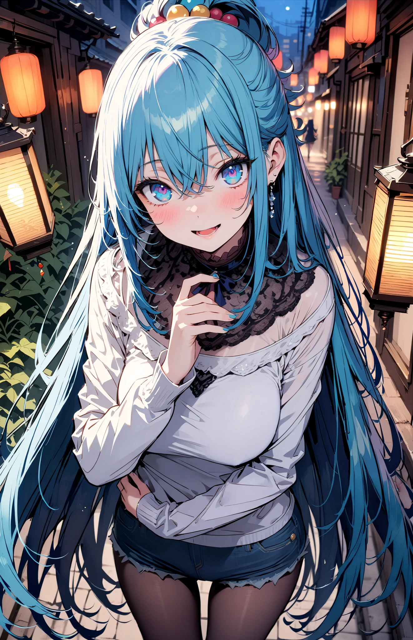 konosubaAqua, Aqua, long hair, blue eyes, hair ornaments close to the garden, very long hair, Lantern , hair ornaments close to the garden, SINGLE RING OF HAIR , hair bobble,smile,blush, open your mouth ,Medium breast,Blue Off-the-Shoulder Sweater,black pantyhose, denim micro shorts , standing, Short Boots,night,whole bodyがイラストに入るように,
break outdoor, City,
break looking at viewer, whole body,
break ( masterpiece:1.2), TOP QUALITY, high resolution, Uniform 8k Wallpaper , (shape:0.8), ( Beautiful eyes with great attention to detail:1.6), highly detailed face , perfect lighting during study , Exquisite CG , ( perfect hand, Perfect Anatomy),