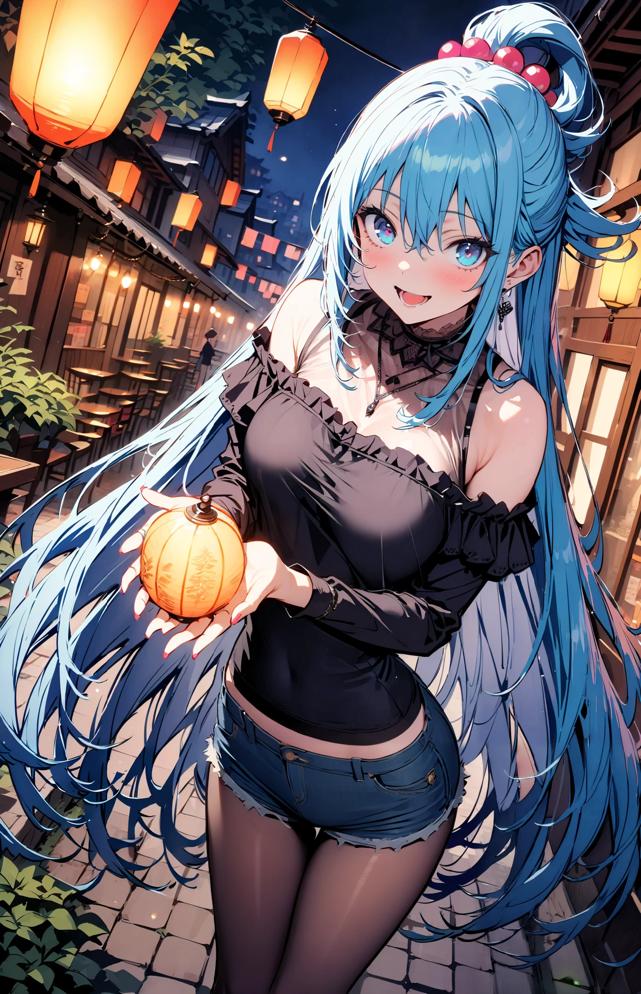 konosubaAqua, Aqua, long hair, blue eyes, hair ornaments close to the garden, very long hair, Lantern , hair ornaments close to the garden, SINGLE RING OF HAIR , hair bobble,smile,blush, open your mouth ,Medium breast,Blue Off-the-Shoulder Sweater,black pantyhose, denim micro shorts , standing, Short Boots,night,whole bodyがイラストに入るように,
break outdoor, City,
break looking at viewer, whole body,
break ( masterpiece:1.2), TOP QUALITY, high resolution, Uniform 8k Wallpaper , (shape:0.8), ( Beautiful eyes with great attention to detail:1.6), highly detailed face , perfect lighting during study , Exquisite CG , ( perfect hand, Perfect Anatomy),