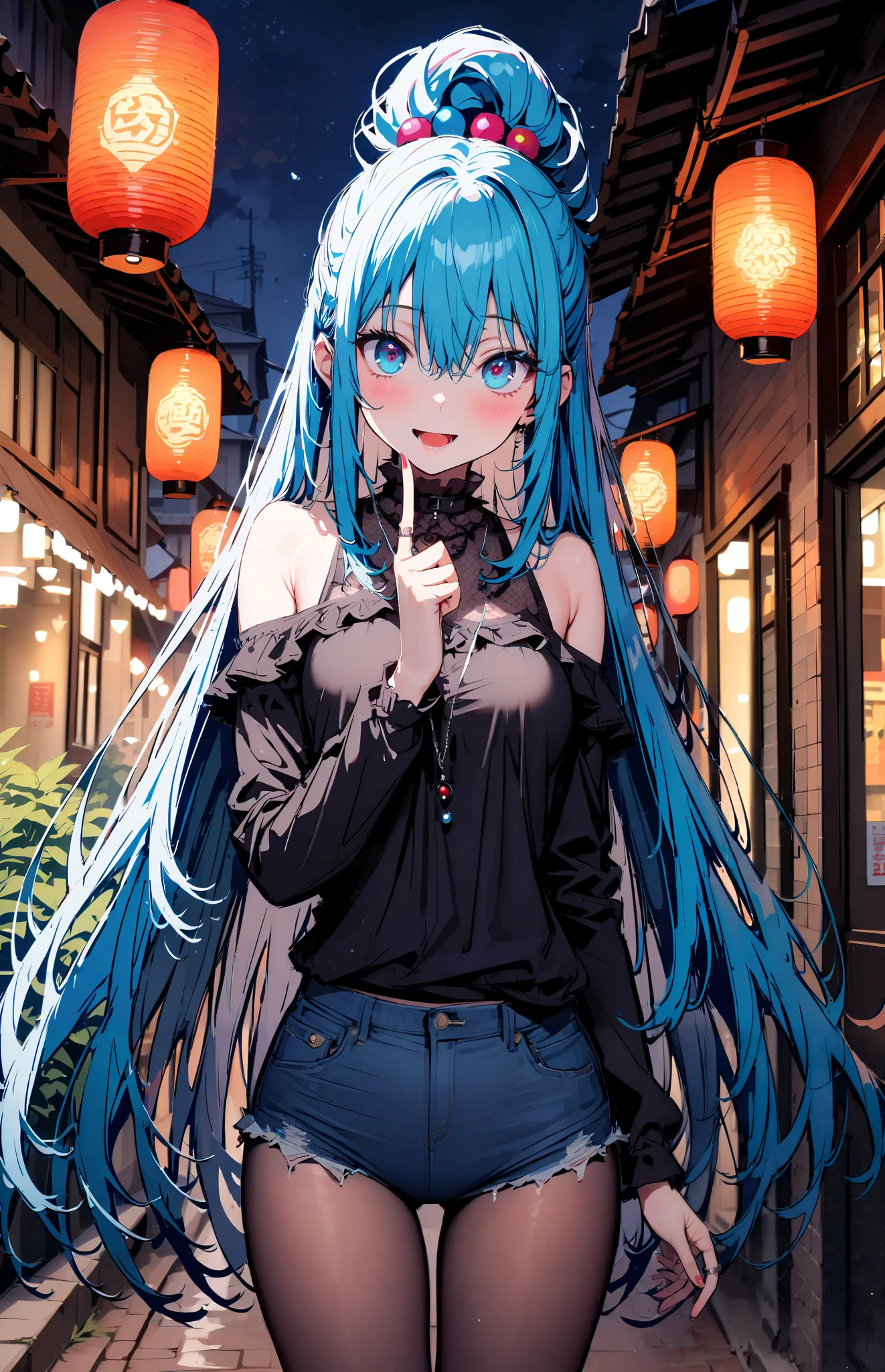 konosubaAqua, Aqua, long hair, blue eyes, hair ornaments close to the garden, very long hair, Lantern , hair ornaments close to the garden, SINGLE RING OF HAIR , hair bobble,smile,blush, open your mouth ,Medium breast,Blue Off-the-Shoulder Sweater,black pantyhose, denim micro shorts , standing, Short Boots,night,building,whole bodyがイラストに入るように,
break outdoor, City,
break looking at viewer, whole body,
break ( Masterpiece:1.2),TOP QUALITY , kampala, Unity 8K Wallpaper ,(shape:0.8),( fine, beautiful eyes :1.6),It's a person ,whole body写真,CG Details , ( perfect hands,Complete Anatomy),