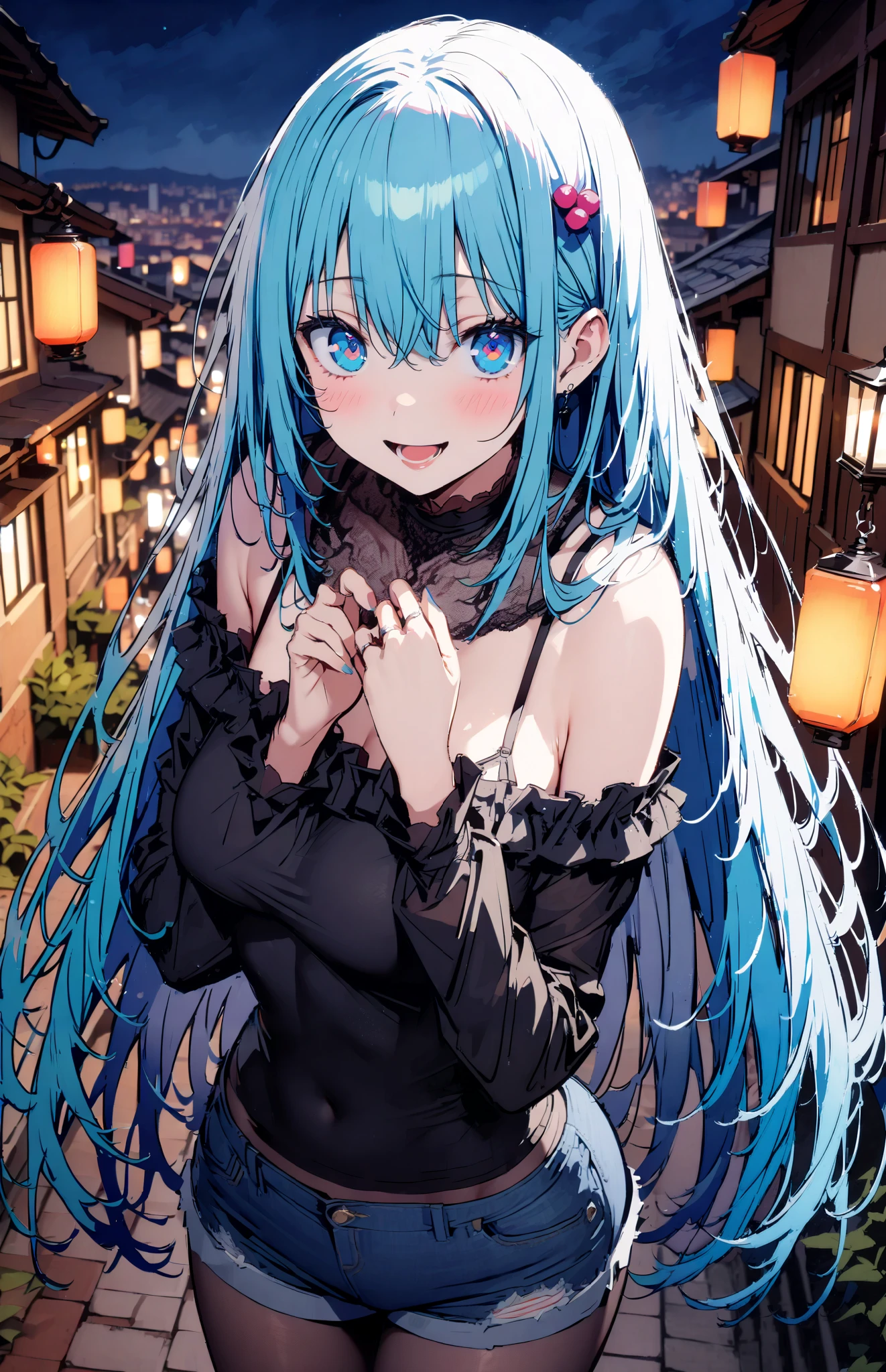 konosubaAqua, Aqua, long hair, blue eyes, hair ornaments close to the garden, very long hair, Lantern , hair ornaments close to the garden, SINGLE RING OF HAIR , hair bobble,smile,blush, open your mouth ,Medium breast,Blue Off-the-Shoulder Sweater,black pantyhose, denim micro shorts , standing, Short Boots,night,building,whole bodyがイラストに入るように,
break outdoor, City,
break looking at viewer, whole body,
break ( Masterpiece:1.2),TOP QUALITY , kampala, Unity 8K Wallpaper ,(shape:0.8),( fine, beautiful eyes :1.6),It's a person ,whole body写真,CG Details , ( perfect hands,Complete Anatomy),