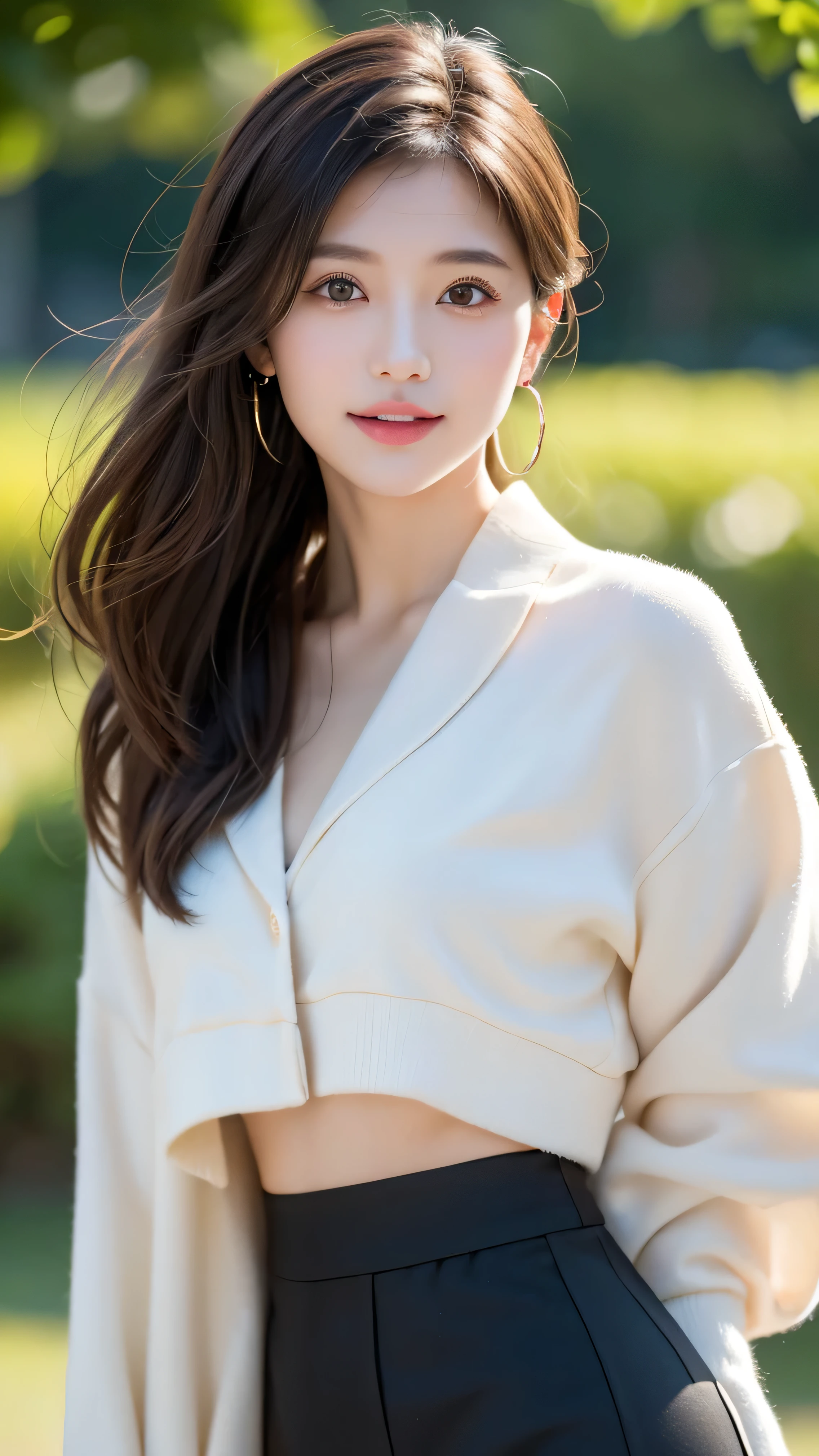 Woman standing in the sea as the sun rises、Sea at dawn、(Wearing a navy blue blazer、Wearing a white blouse、Wearing a red flared skirt)、Wearing pumps、The wind is blowing、A bag is hanging from the right shoulder、Beauty、20-year-old、university student、Uniform, cool-looking eyes、Well-balanced proportionedium build、Small face、Small breasts、Small Ass、The neck is short、Uniform left and right eyes、, black hair, long hair, messy hair, floating hair, earrings, parted lips, happy, seductive smile, symbol-shaped pupils, Surrealism, Verism, cinematic lighting, first-person view, f/1.2, Nikon, UHD, best quality, highres, 8k, anatomically correct, textured skin, high details