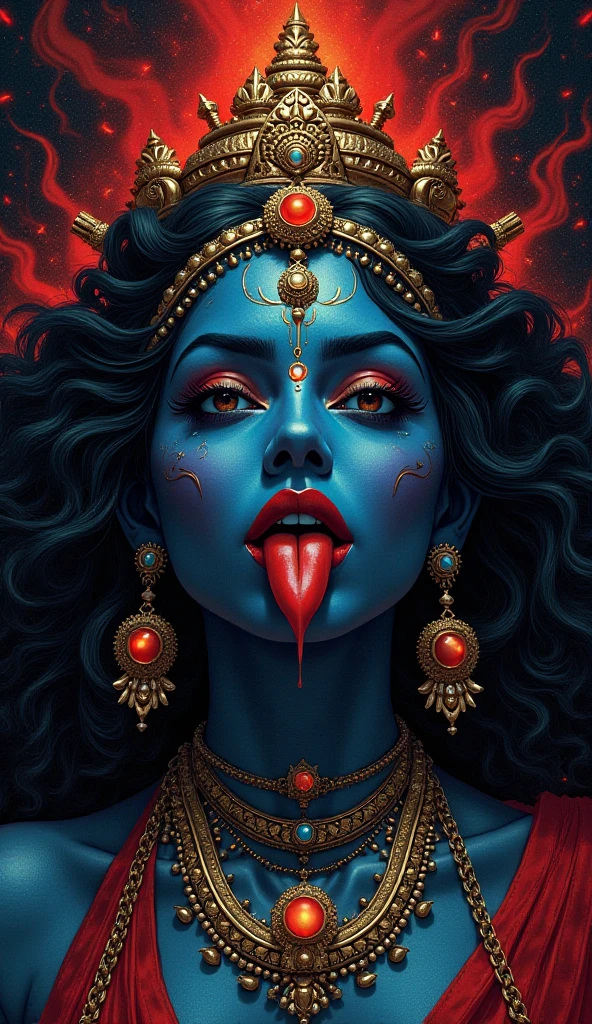 Indian goddess kali, multiple heads, multiple arms, smiling, red tongue out, bloody body, sword and weapons in hands, soft colots, dark background, horror