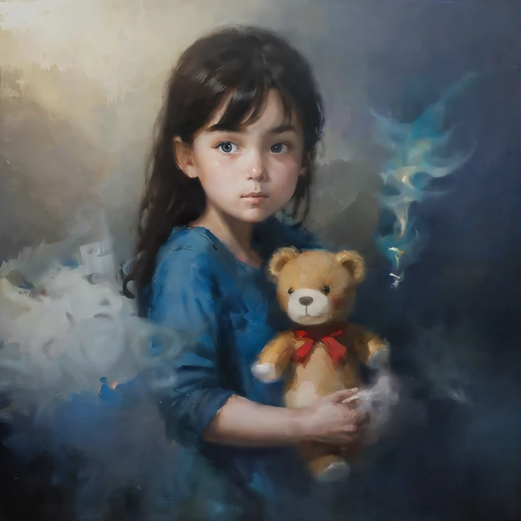 close up Talavera painting, a girl in the midst of a war zone carrying a teddy bear in between tank and smoke, masterpiece, RAW photo, intricate details, best quality, 8k uhd, soft lighting, russian art.