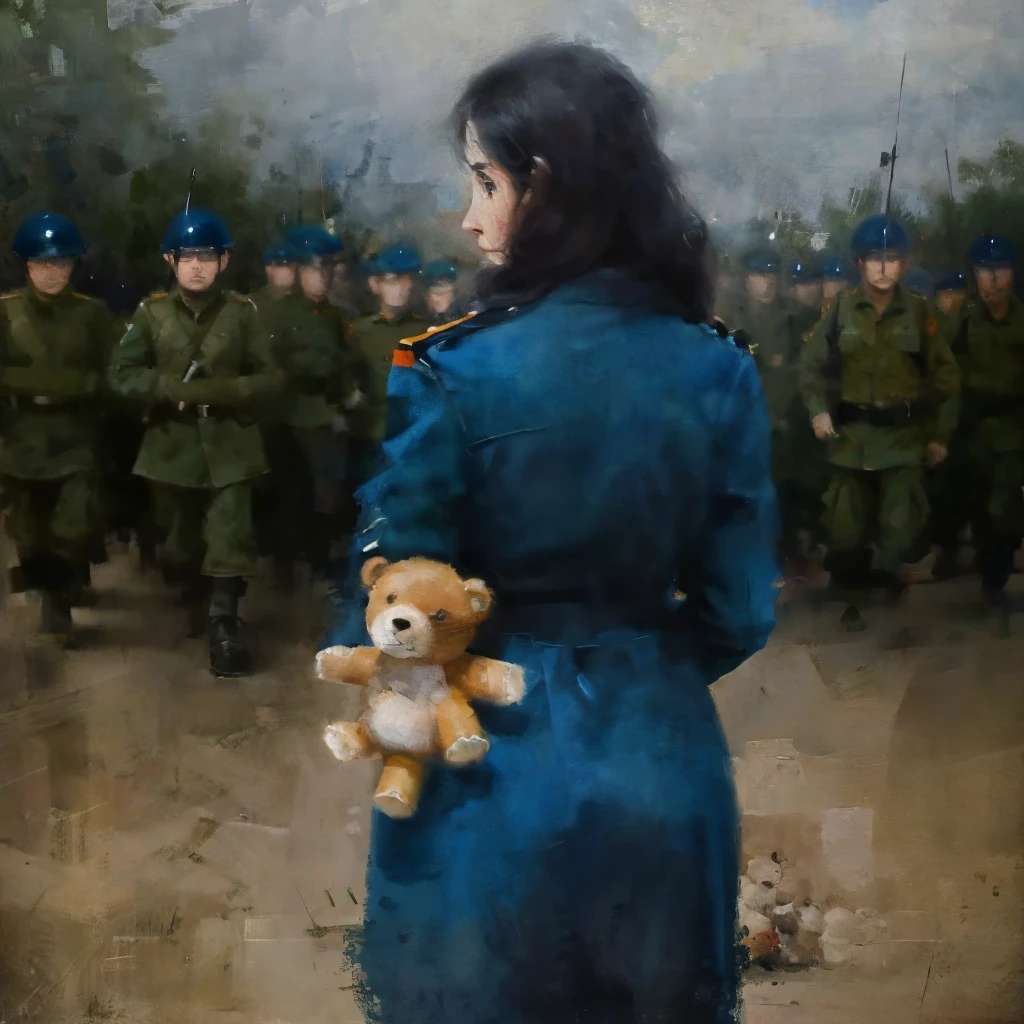 close up Talavera painting, a girl in the midst of a war zone carrying a teddy bear looking at the soldiers fight in the distance, masterpiece, RAW photo, intricate details, best quality, 8k uhd, soft lighting, russian art.