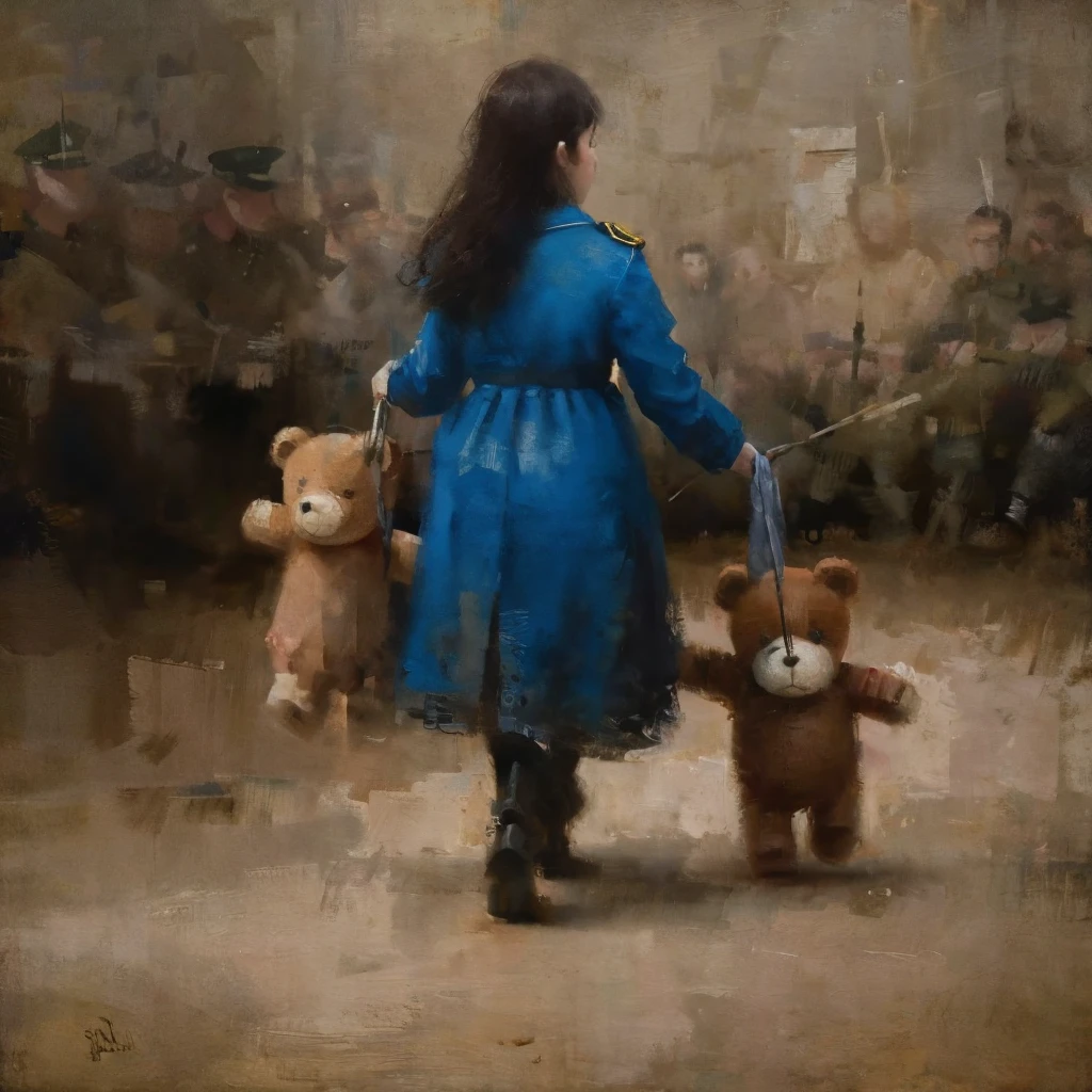 close up Talavera painting, a girl in the midst of a war zone carrying a teddy bear in the middle of soldiers, masterpiece, RAW photo, intricate details, best quality, 8k uhd, soft lighting, russian art.