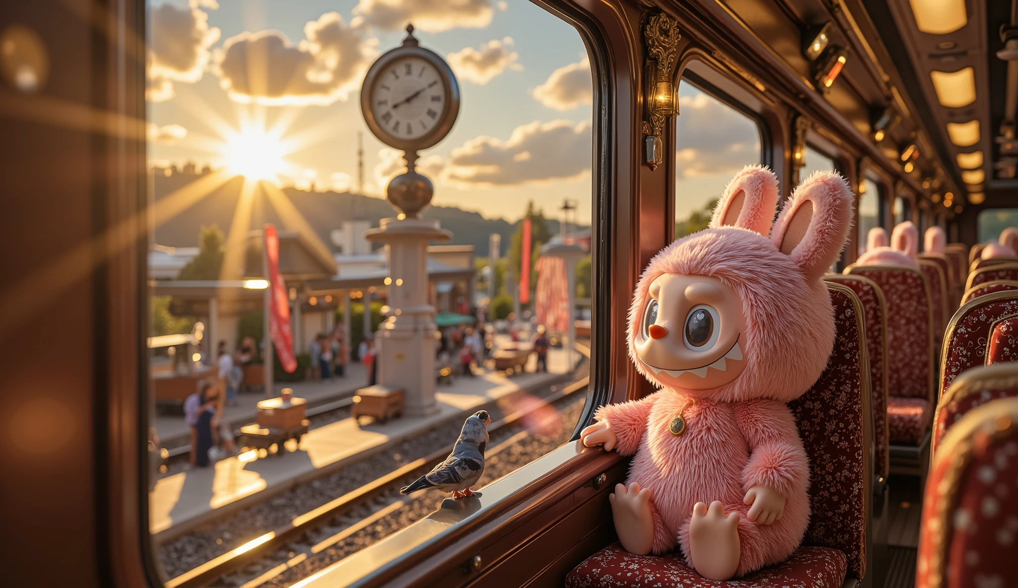 "Labubu with pink fur sits quietly on a cushioned passenger seat inside the train, gazing out of the window with wide, curious eyes. The warm glow of the afternoon sun bathes the interior in soft golden light, casting gentle shadows on the polished surfaces of the train. From the front-facing perspective, Labubu’s small hands rest on the edge of the window, its fluffy ears slightly perked up, reflecting a sense of calm and wonder.

Outside the window, the bustling atmosphere of the train station unfolds. The platform stretches into the distance, lined with classic lampposts casting long shadows as the sun begins its descent. A large station clock hangs from an old iron archway, its hands ticking steadily toward the evening. The railway tracks glisten under the fading sunlight, while various luggage carts and wooden benches dot the station, giving a timeless charm to the scene.

The station’s architecture blends vintage and modern styles, with tall arched windows reflecting the golden hues of the setting sun. Pigeons flutter near the rooftop, their wings catching the light as they take flight. A gentle breeze sways the flags hanging from the station’s entrance, adding a touch of motion to the otherwise peaceful moment.

Labubu remains seated, completely captivated by the view, lost in thoughts of adventure and the journey ahead. The contrast between the stillness inside the train and the movement of the outside world creates a perfect balance, highlighting the magic of travel and the beauty of a quiet moment before the train departs into the evening."




