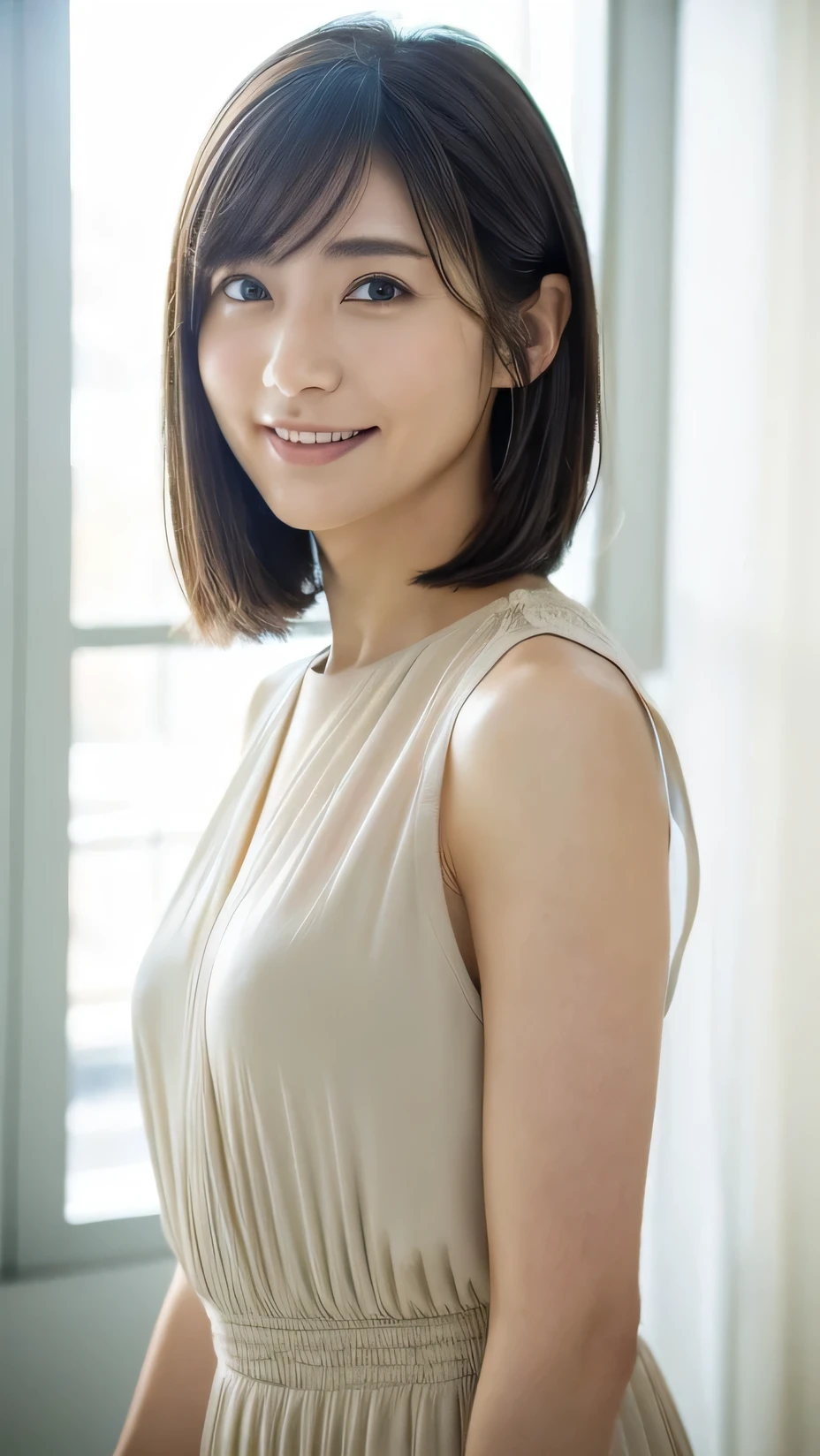 ((top-quality、8K、​masterpiece:1.3))、girl with、(Casual Hairstyles、small tits:1.2)、Delicat eyes、二重まぶた、A smile、Autumn clothes、Clothes that hide the chest、white wall with windows、、(top-quality,​masterpiece:1.3,超A high resolution,),(ultra-detailliert,Caustics),(Photorealsitic:1.4,RAW shooting,)Ultra-realistic capture,A highly detailed,high-definition16Kfor human skin、 Skin texture is natural、The skin looks healthy with an even tone、 Use natural light and color,One Woman,japanes,,kawaii,A dark-haired,Middle hair,、Wide range of lighting、Natural Shading、short-cut、bob