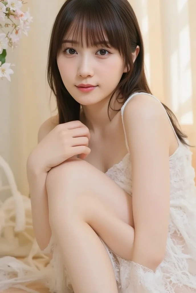 a lot of details, (underweight), 30 years old, detailed black hair, beautiful detailed hair, super fucking beautiful, delicate beautiful face, complex details beautiful and delicate eyes, perfect hands, (flat chest best quality:1.5), perfect and delicate limbs, detailed skin, best quality, ultra-detailed,(cheerful grin:1.3), nsfw,whole body, ground-level shot, low angle shot, squatting, short hair with long locks, bra, overexposure, beautifuly color Clothes, falling petals,