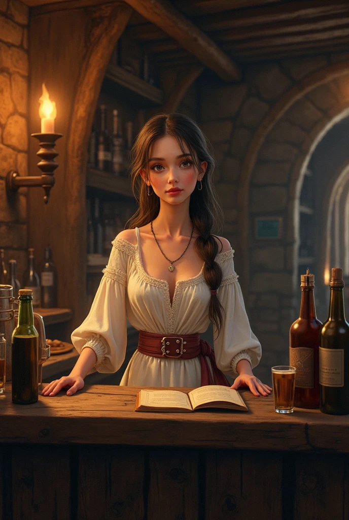 ink line art style ,Inside an old tavern in medieval England,Petite and beautiful tavern girl,Giant breasts, narrow waist, medieval long dress,Half chest exposed,Holding a wooden wine glass and laughing with a group of male guests,Candle light and shadow,Cinematic lighting,Soft focus effect,Detailed and complex background, Baroque style,Renaissance art ,realistic, Track focus,Fill light, Welcoming atmosphere,Place is dirty,confusion,