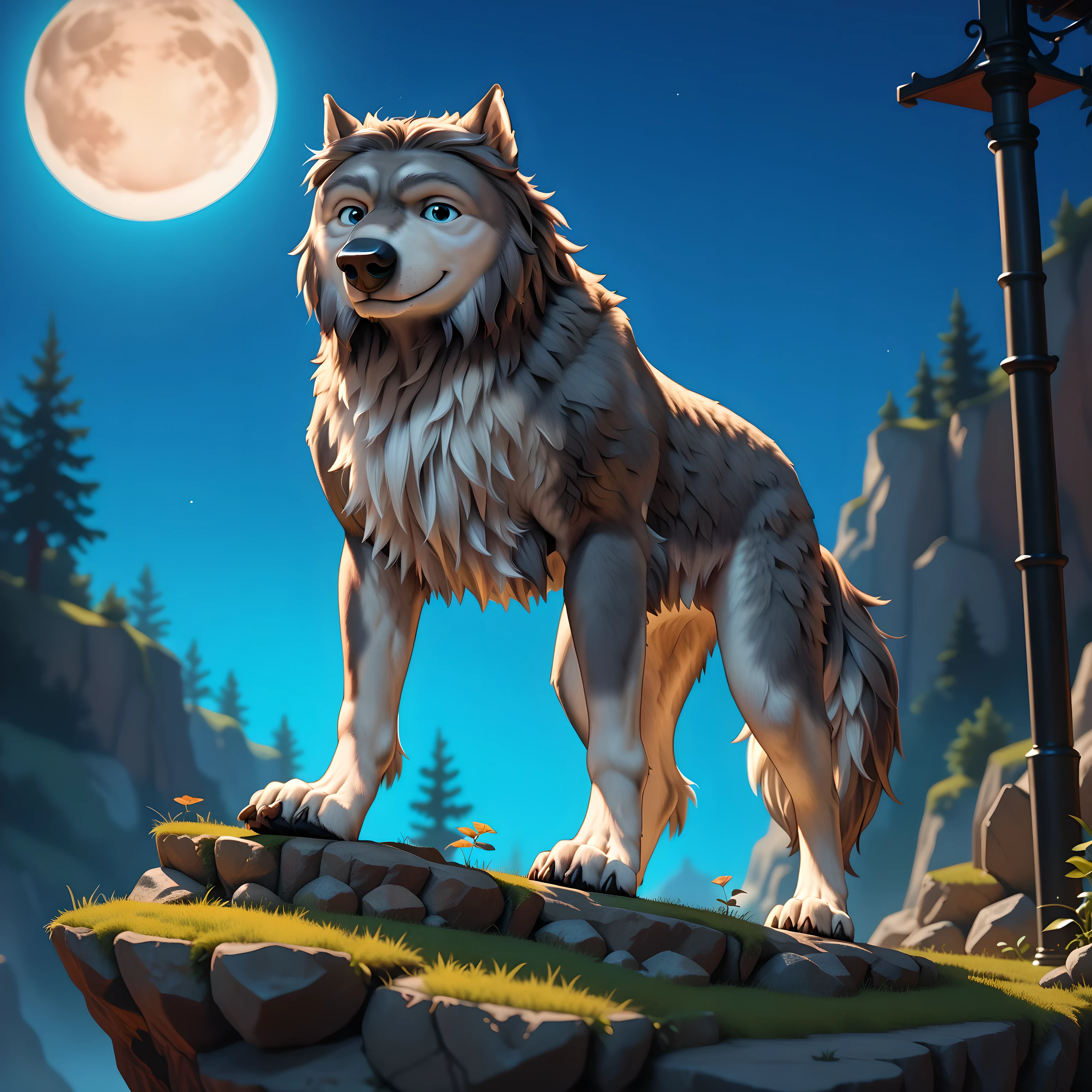 WinstonAO, full view, full body, looking at viewer, feral, wolf, old wolf, male, blue eyes, tail, solo, standing on cliffside, night sky, full moon, (large moon), proud, standing tall, strong body, muscular, muscular forelegs, muscular hindlegs, subtle smile, looking at viewer, gentle face, posing