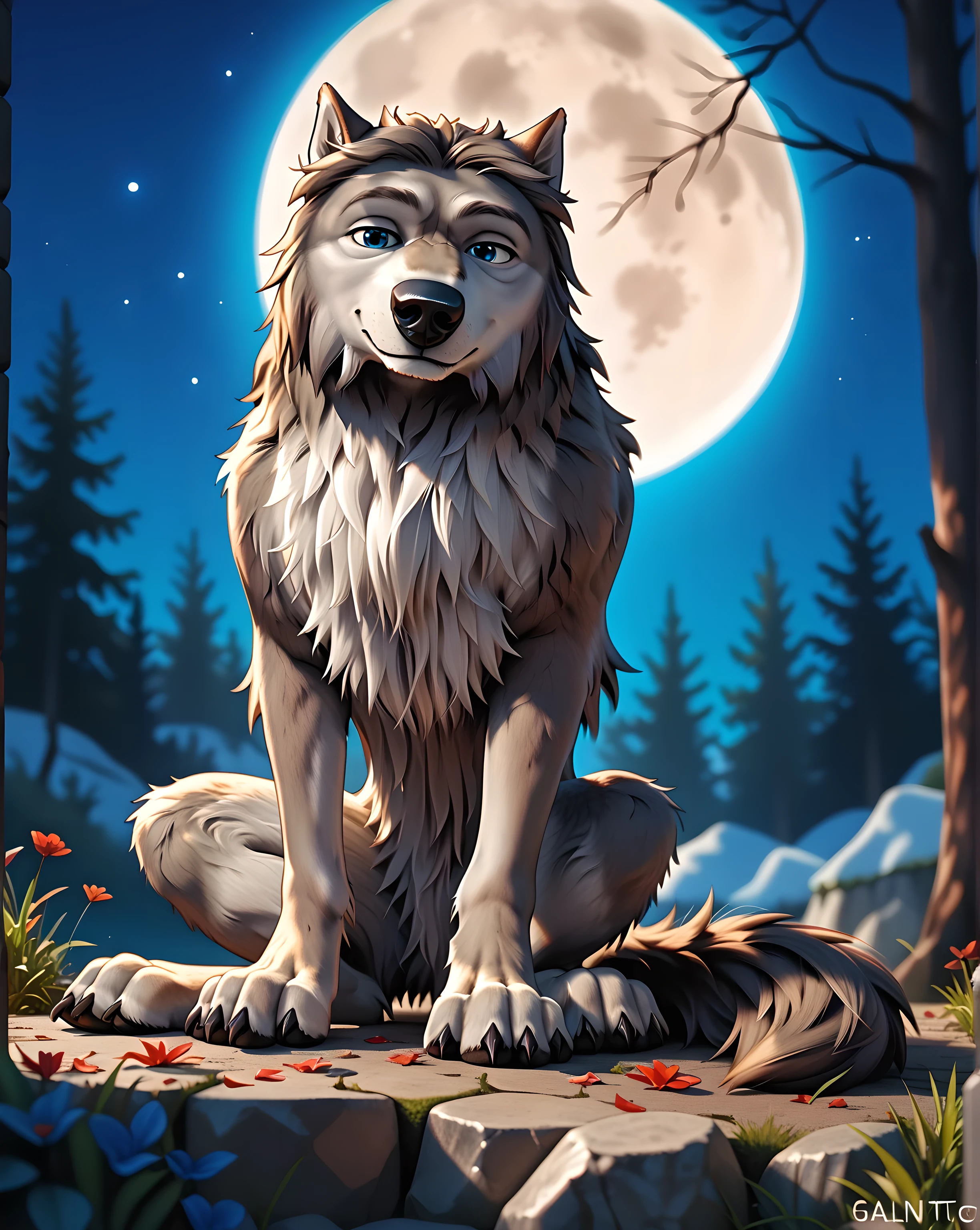 WinstonAO, full view, full body, looking at viewer, feral, wolf, old wolf, male, blue eyes, tail, solo, night sky, full moon, large moon, proud, sitting, sitting wolf, strong body, subtle smile, looking at viewer, gentle face, posing