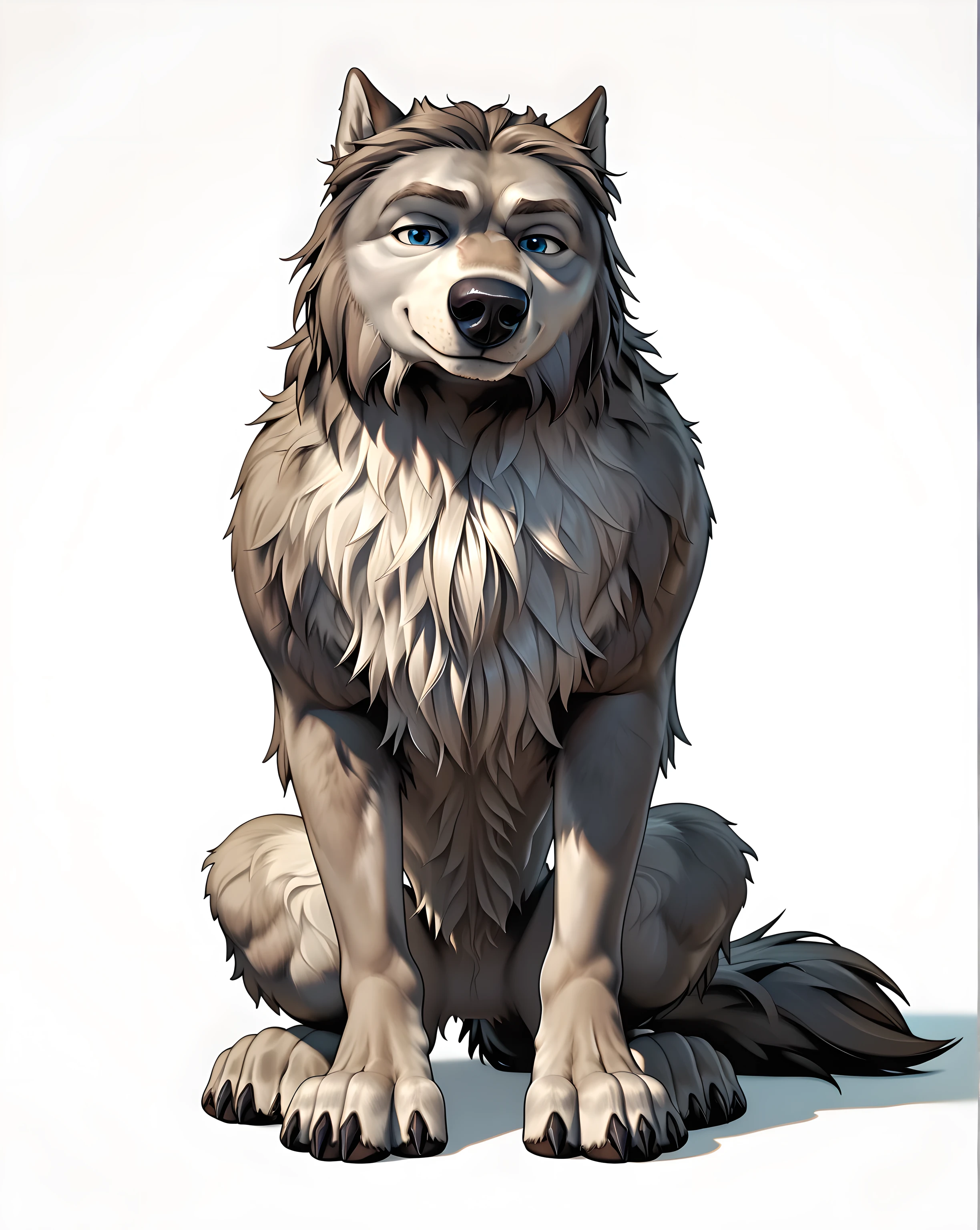 WinstonAO, full view, full body, looking at viewer, feral, wolf, old wolf, male, blue eyes, tail, solo, no background, simple background, proud, sitting, sitting wolf, strong body, muscular, muscular forelegs, muscular hindlegs, muscular chest, strong chest, subtle smile, looking at viewer, gentle face, posing, (front view, facing the viewer), four toes