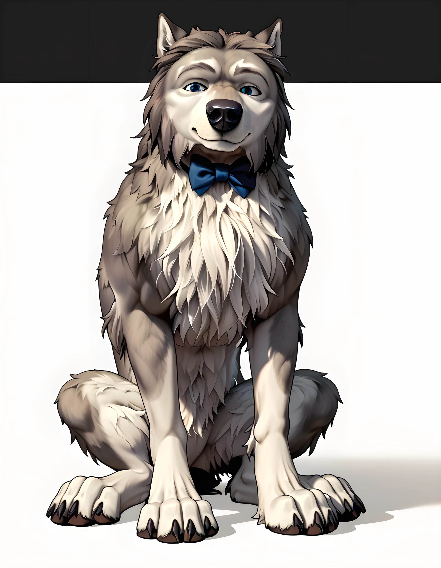 WinstonAO, full view, full body, looking at viewer, feral, wolf, old wolf, male, blue eyes, tail, solo, no background, simple background, proud, sitting, sitting wolf, strong body, muscular, muscular forelegs, muscular hindlegs, muscular chest, strong chest, subtle smile, looking at viewer, gentle face, posing, (front view, facing the viewer), four toes, wearing a black bowtie