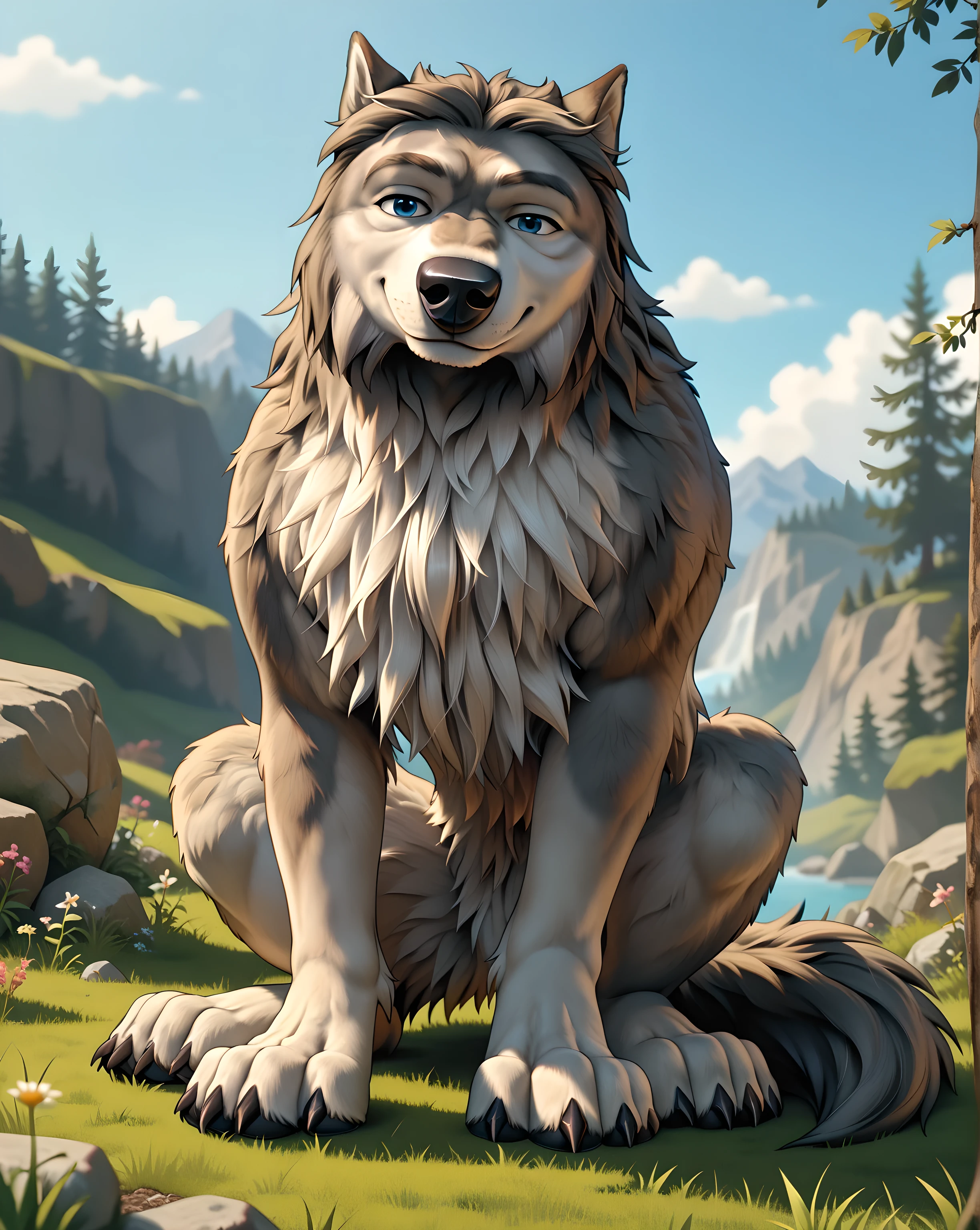 WinstonAO, full view, full body, looking at viewer, feral, wolf, old wolf, male, blue eyes, tail, solo, nature, blue sky, proud, sitting, sitting wolf, strong body, muscular, muscular forelegs, muscular hindlegs, muscular chest, strong chest, subtle smile, looking at viewer, gentle face, posing, front view, four toes