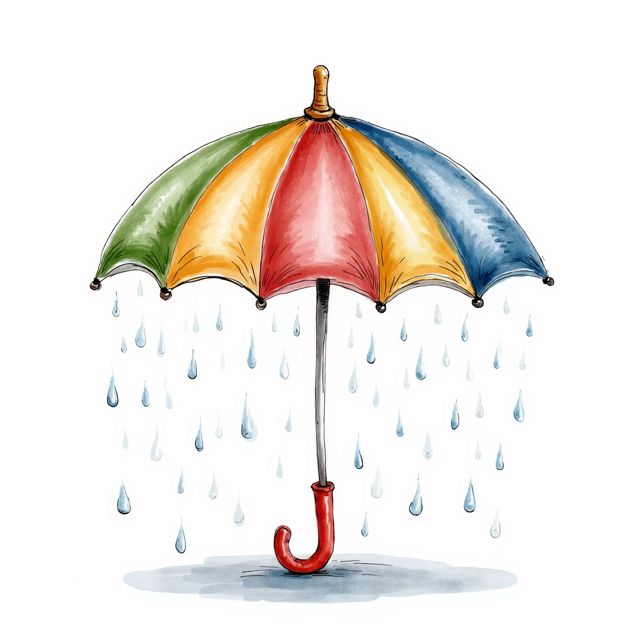 A colourful umbrella with little raindrops falling from it.
water color illustration, no background